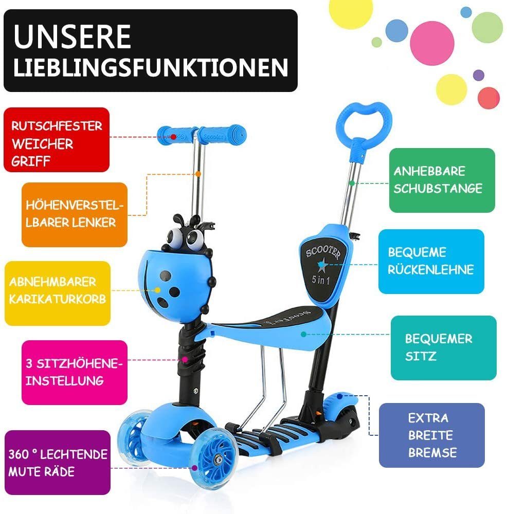 BremToy Sitzscooter 5 in 1 Kinder Roller Scooter mit Sitz LED Räder ab 2 Jahre