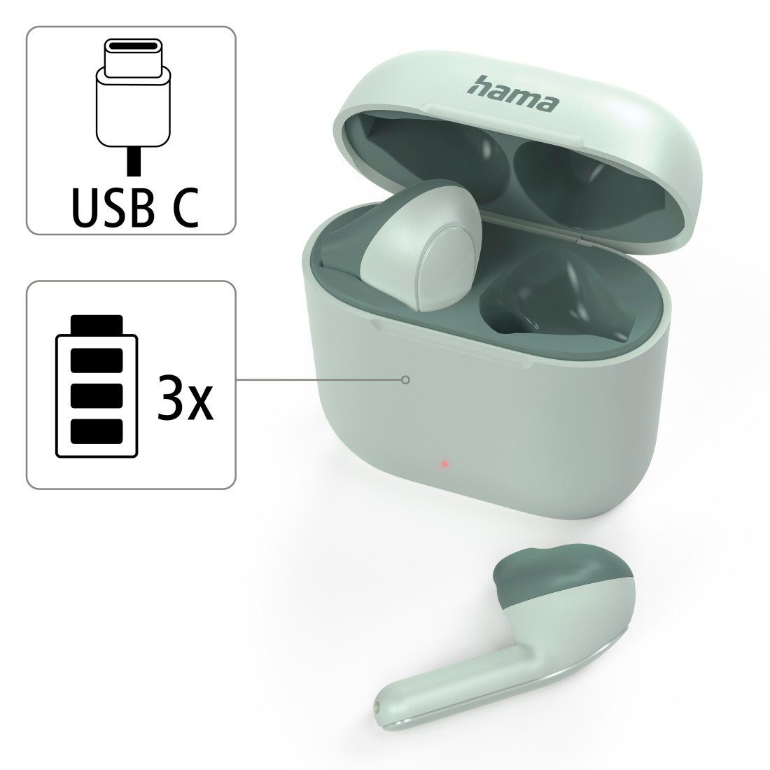 Hama Bluetooth® Kopfhörer True Wireless, grün Bluetooth, Google Autopairing, Siri Apple Berührungssteuerung, (Freisprechfunktion, PBAP, HFP, HSP, SPP, Siri, Assistant, Assistant, Sprachsteuerung, Bluetooth-Kopfhörer AVRCP A2DP Earbuds, Mikrofon) Bluetooth, Google integriertes