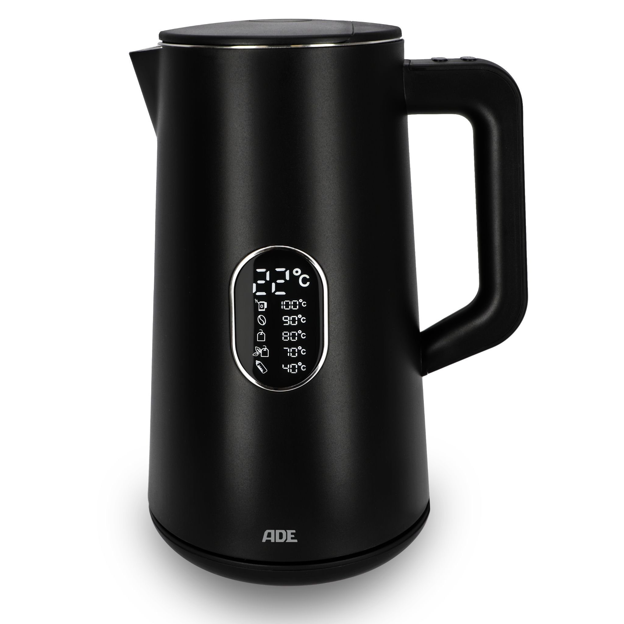 ADE Wasserkocher Energiesparender Wasserkocher mit Temperatureinstellung & LED-Display, 1.5 l, 1800 W, 5 wählbare Temperaturstufen (40-100°C), Warmhalte-Funktion, 1800 W