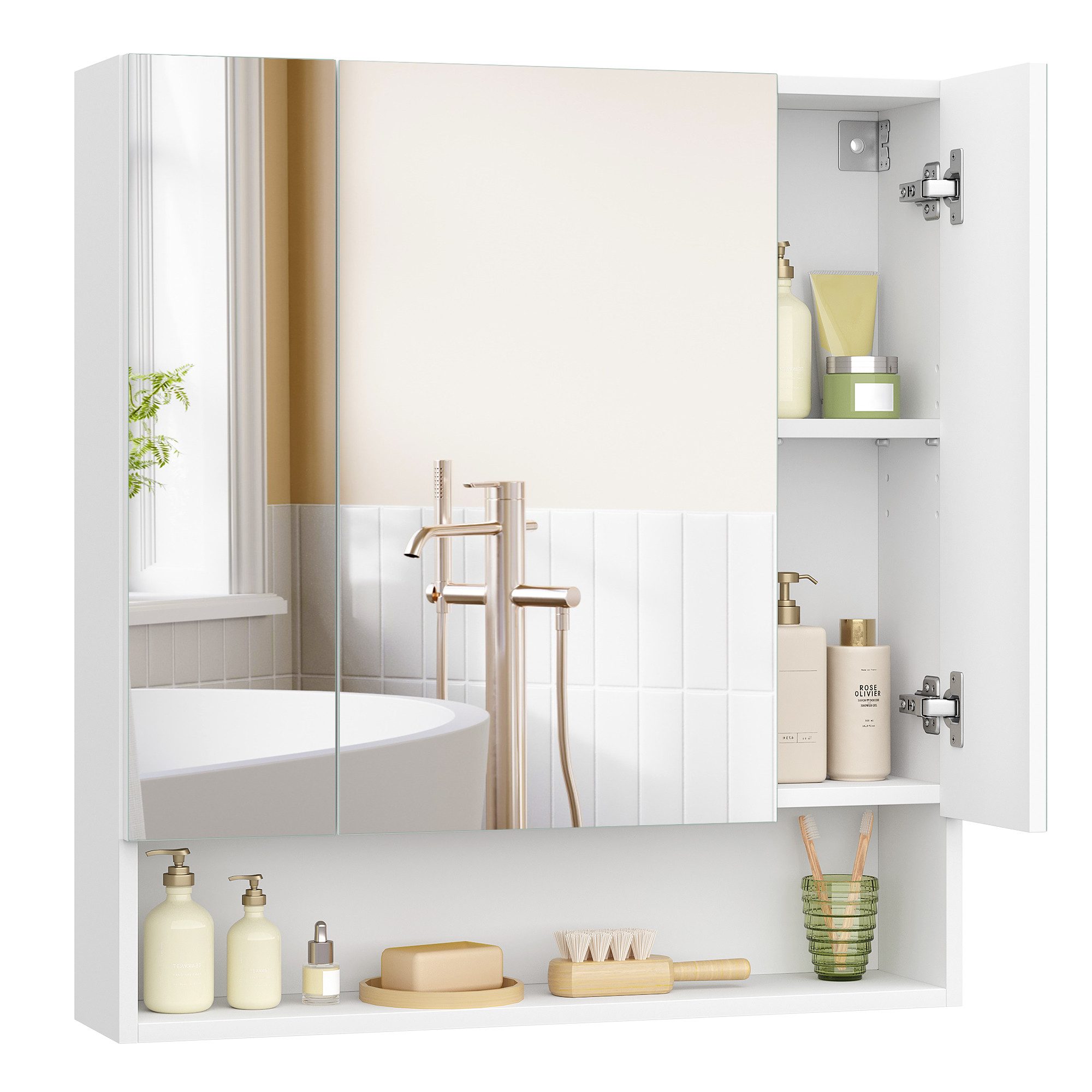VASAGLE Spiegelschrank Badschrank Breite 70-90cm, mit 3 Türen, offenes Fach, verstellbare Ablagen