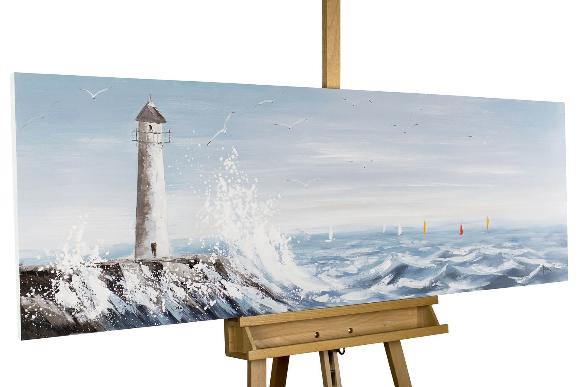 KUNSTLOFT Gemälde Leuchtturm in Sicht 150x50 cm, Leinwandbild 100% HANDGEMALT Wandbild Wohnzimmer