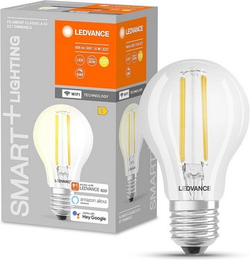 Ledvance LED-Leuchtmittel SMART WiFi LED Lampe E27 dimmbar 6W Warmweiß Birne Glühbirne [2er], E27, 2 St., Warmweiß, Wi-Fi Technology, Dimmbar, Energiesparend