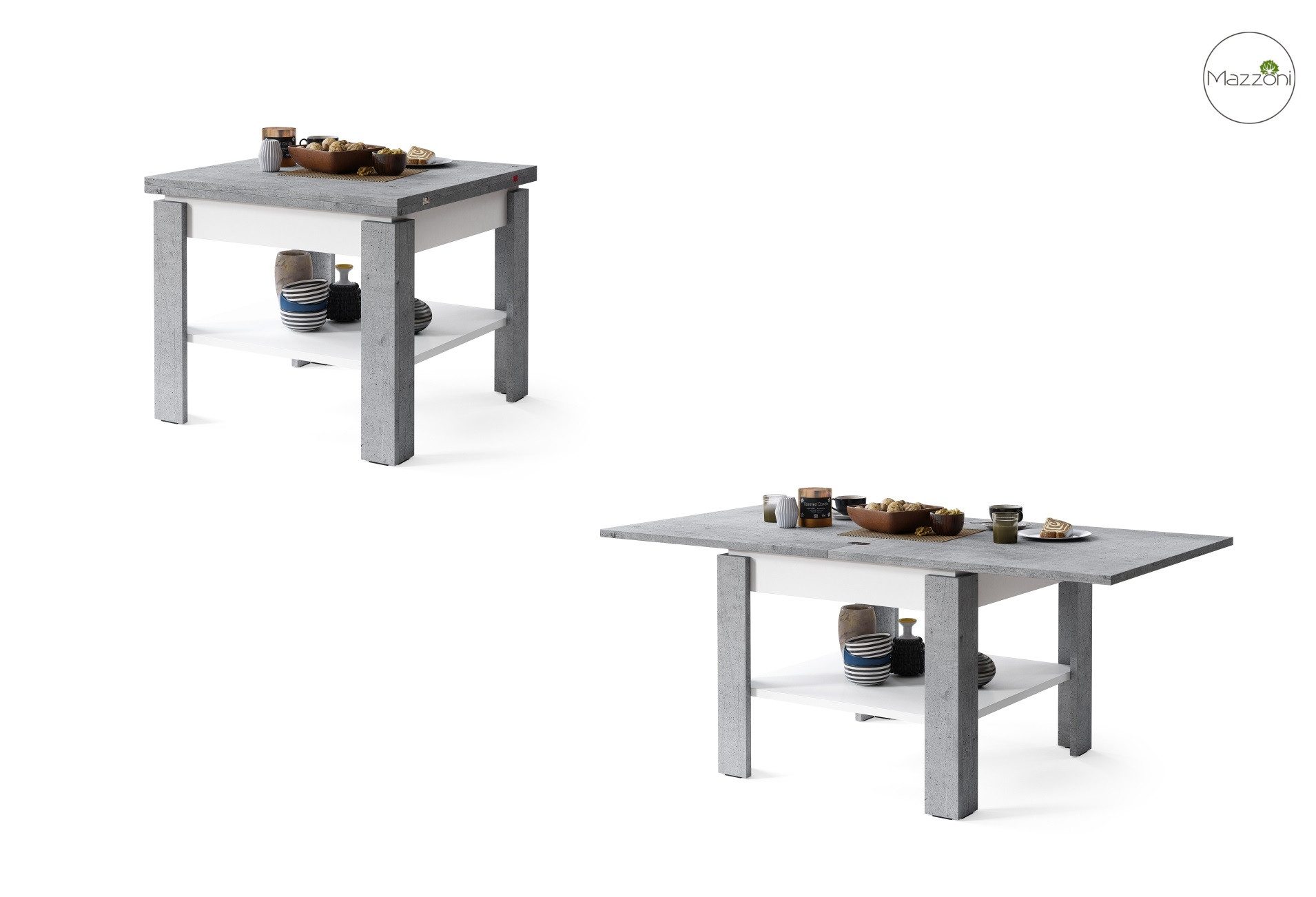 Mazzoni Couchtisch Design Tisch Leo Beton - Weiß matt aufklappbar 65 - 130cm Esstisch