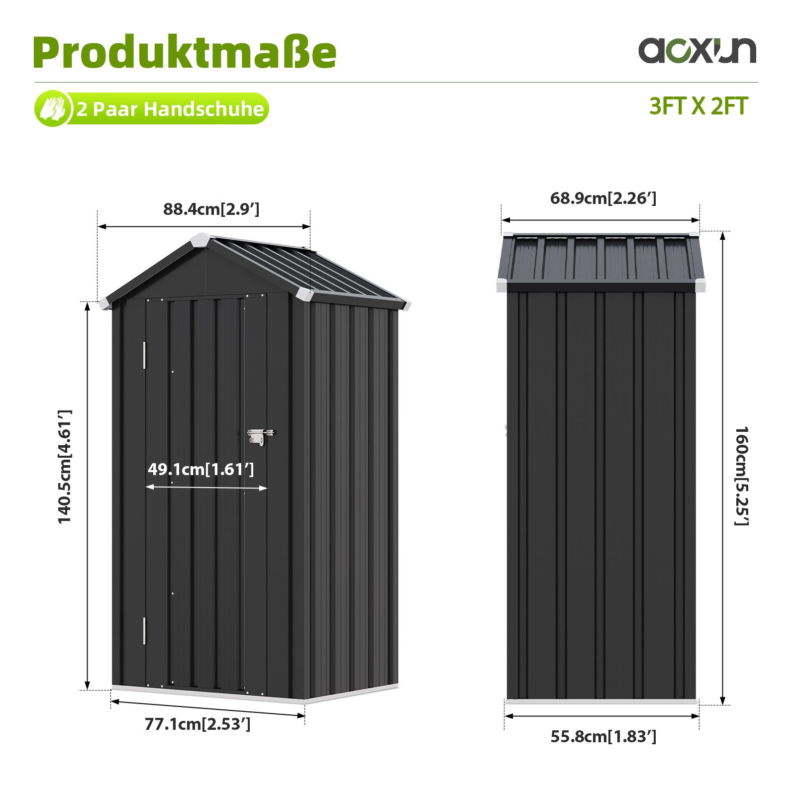 AOXUN Gerätehaus Metall Gartenschrank mit Boden, 2 verstellbare Einlegeböden, BxT: 88.4x68.9 cm, (1 St), wetterfest & windfest bis 65 km/h, 88,4x68,9x160 cm