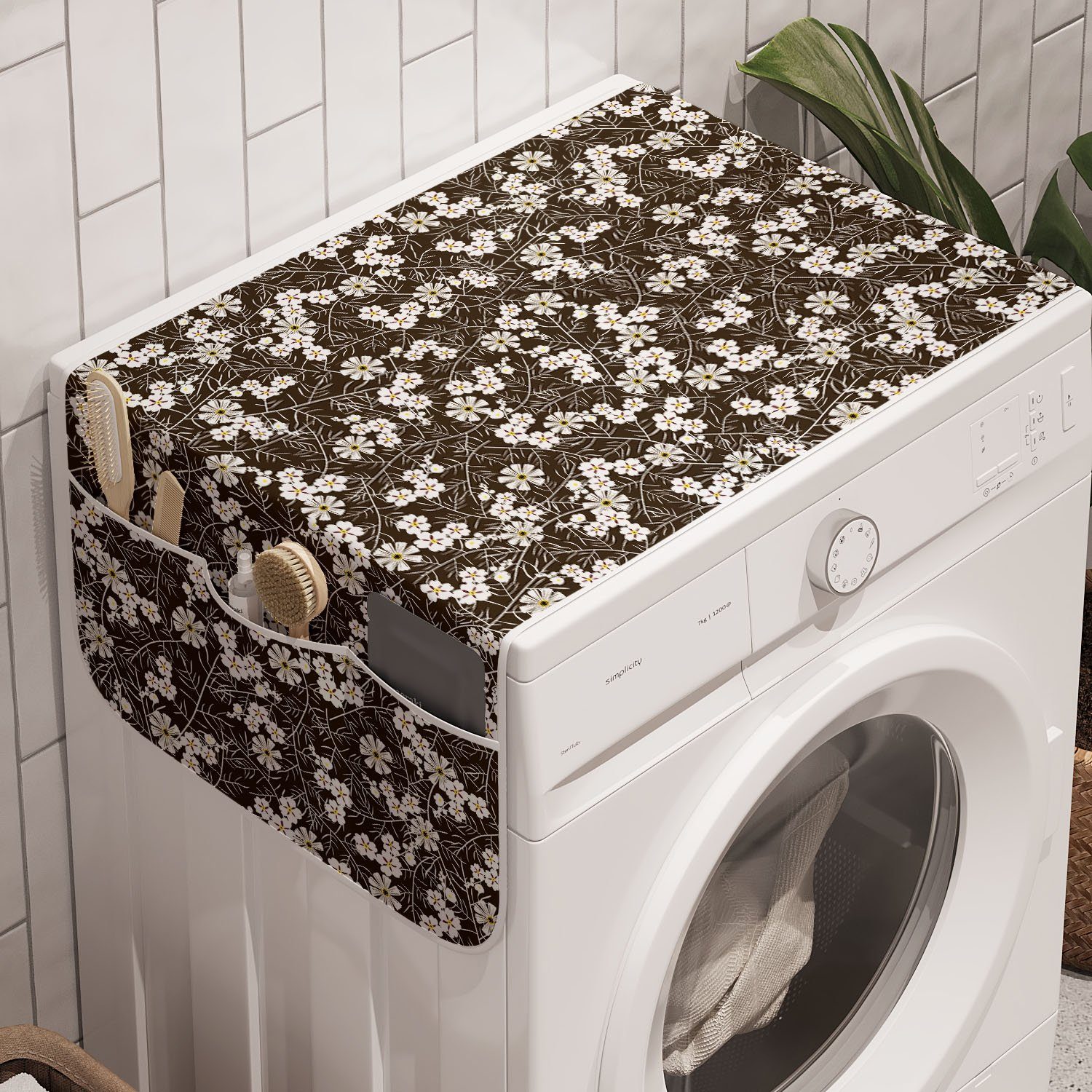Branchen Waschmaschine Badorganizer für Kunst Blumen Abakuhaus und Trockner, Anti-Rutsch-Stoffabdeckung Weiße Blumen