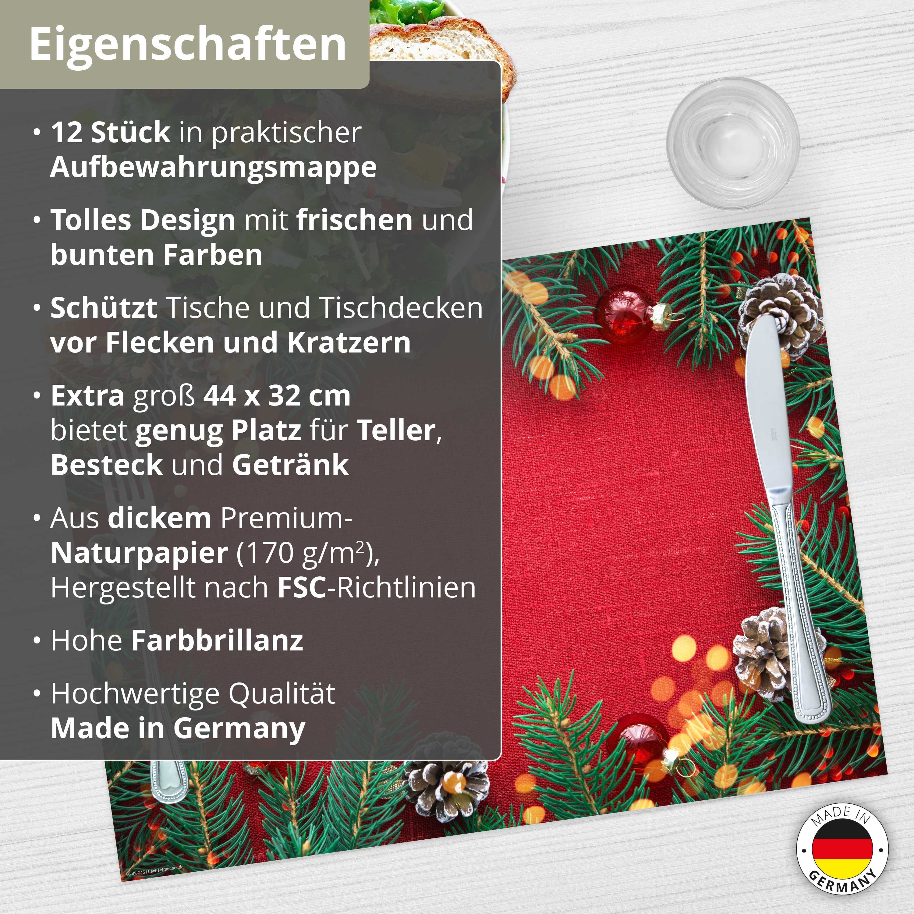 Tischsetmacher Platzset Tischsets I Platzsets - Weihnachten - Rote Weihnachtsdecke, (aus Naturpapier in Aufbewahrungsmappe, 12-St., 44 x 32 cm / rot), Made in Germany