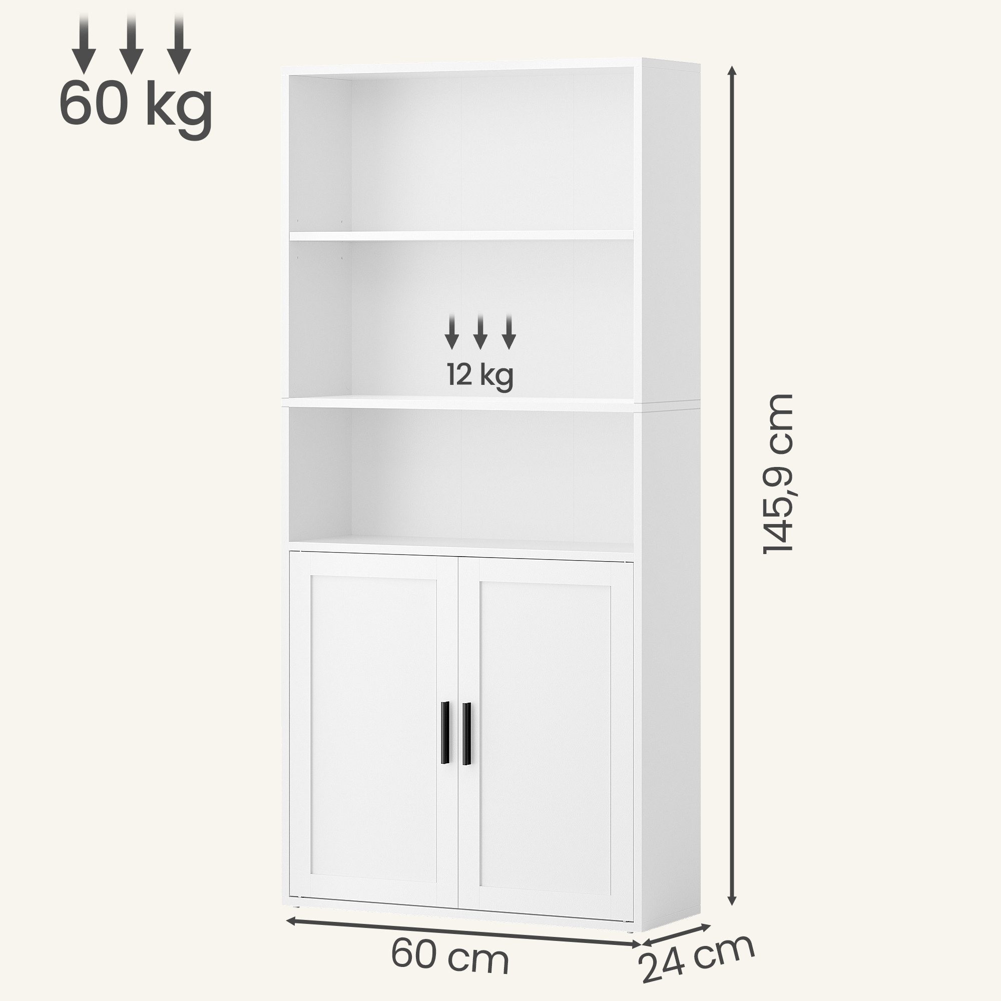 VASAGLE Bücherregal Standregal mit 2 Türen, 5/6-stöckiges Standregal, 60 x 24 x 145.9/175 cm