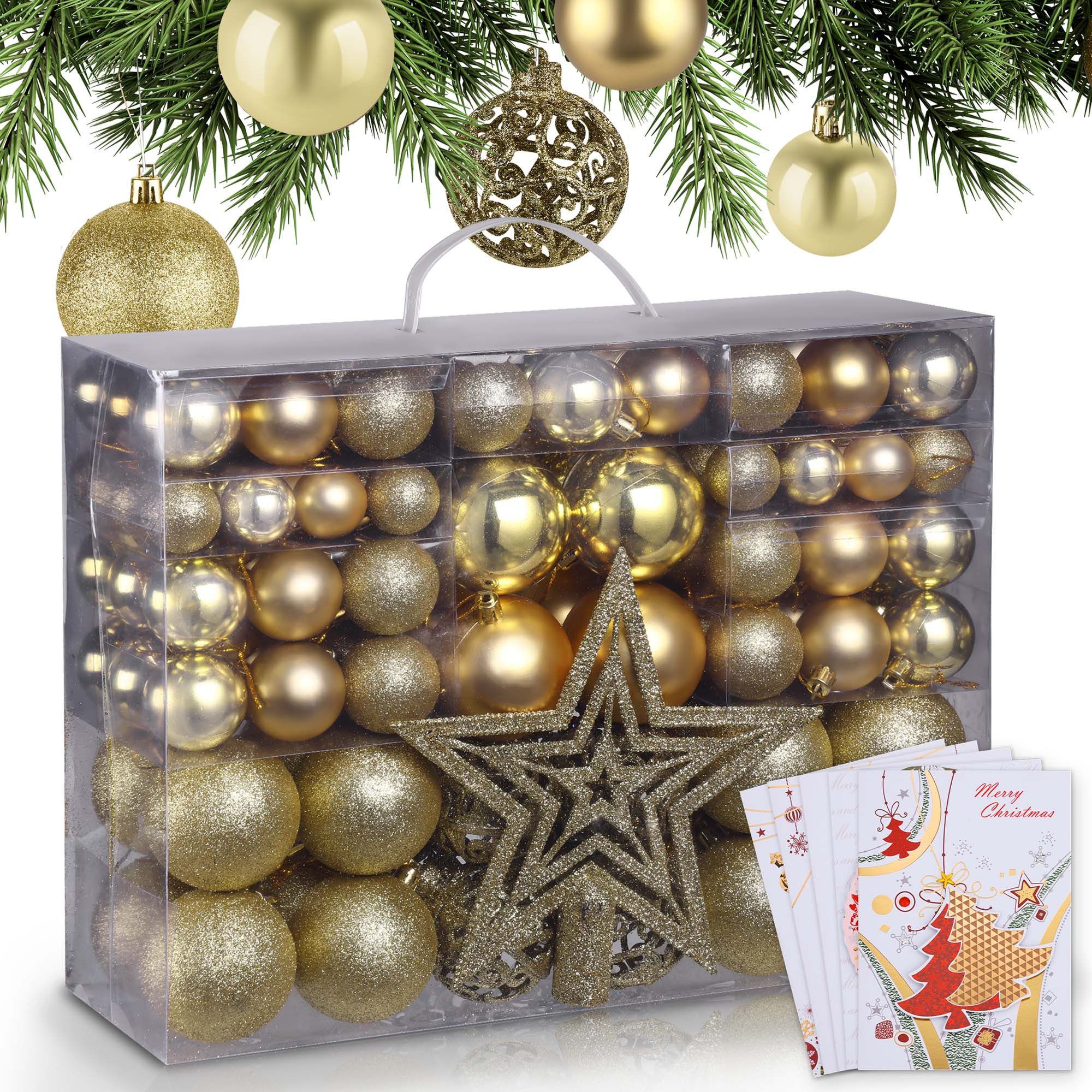 Onbest Weihnachtsbaumkugel 128-teiliges Set, 7 Farben, 3 Größen, 1 Stern + 5 Karten