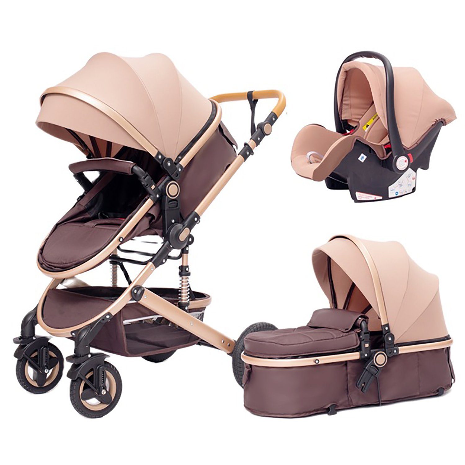 3 Stoßfederung- 5-Punkt-Sicherheitsgurt Khaki Baby Getränkehalter, Kinderwagen mit Buggy Babyschale Babywanne Sicherheitsschlaufe TPFLiving Kombi-Kinderwagen 1 in