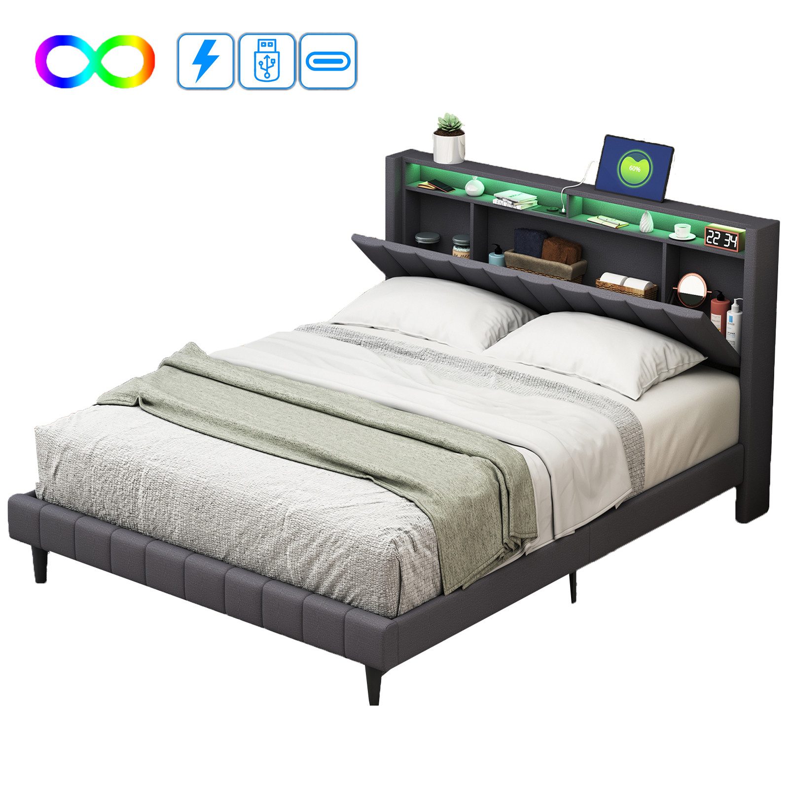 FUROKOY Polsterbett LED Doppelbett mit Ladefunktion, günstig online kaufen