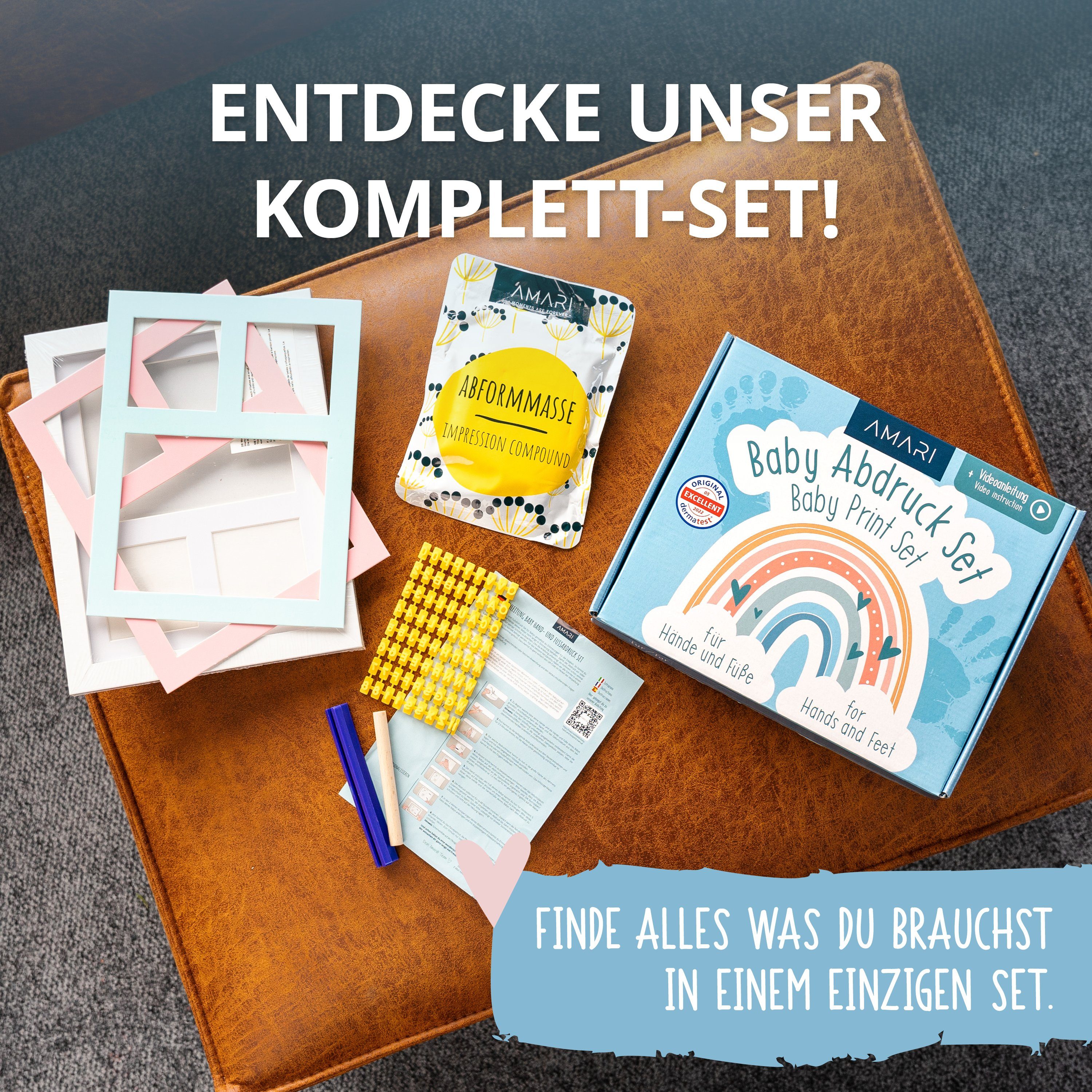 Amari Handabdruck-Set AMARI ® Baby Handabdruck und Fußabdruck Set Rainbow, Bilderrahmen, Liebevolles Design, perfekte Geschenkverpackung