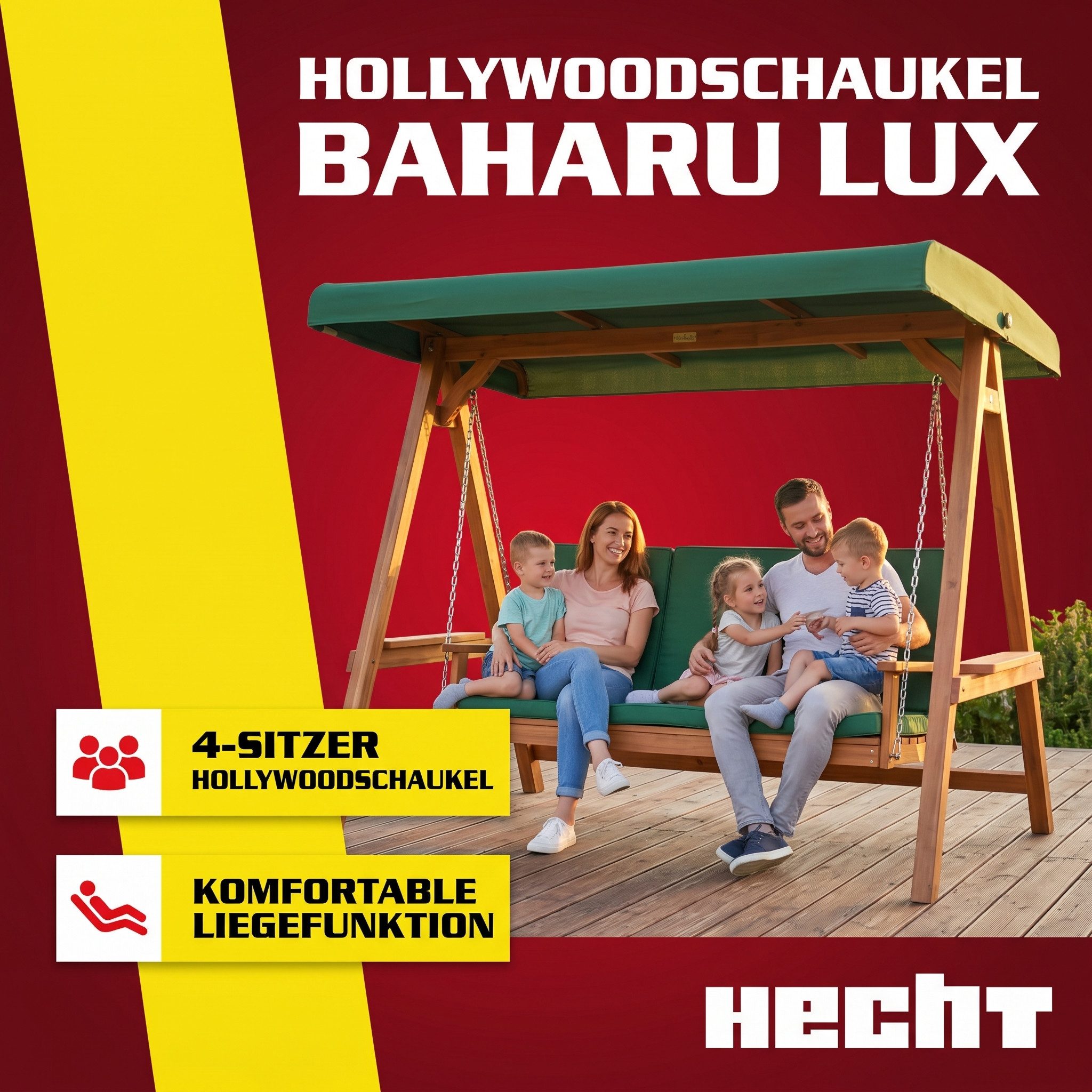 Hecht Hollywoodschaukel Baharu Lux, 4-Sitzer, Sonnendach und Polster, Merantiholz, 300kg, 235x120x178cm (B x T x H)