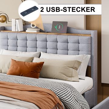OKWISH Polsterbett Doppelbett, Nachttisch mit USB-Ladeanschluss und Ablage (mit 4 Schubladen, Leinenstoff 140x200 cm), ohne Matratze