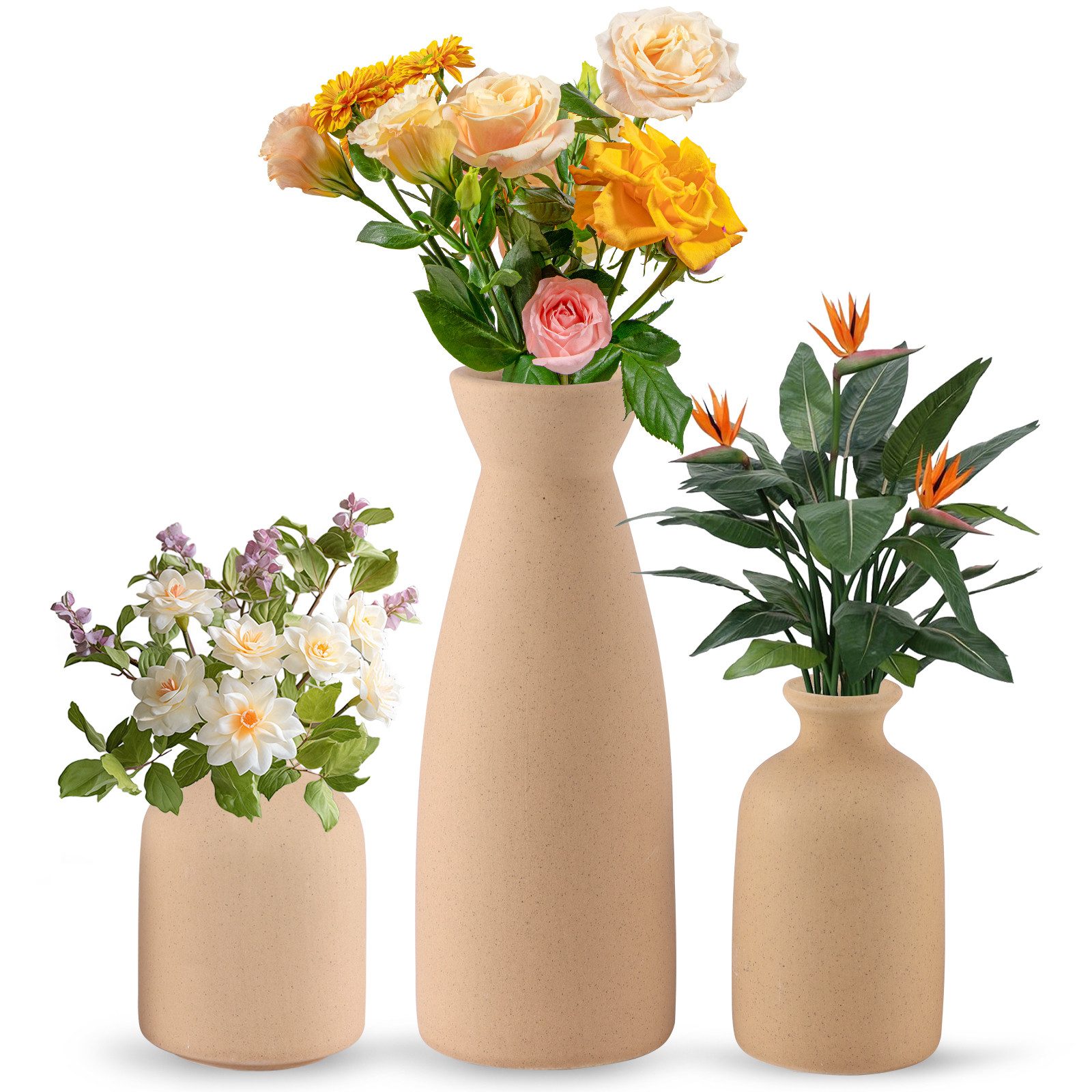 BlingBin Dekovase 3er-Set Keramik Vasen, Kleine Blumenvasen für Schnitt-/ Trockenblumen (1er Set, 1 St., Pampas-Vase: 22.5x8,5 cm;Klein Vase: 12x7 cm;Knospen Vase: 10x7.4 cm), Dekorative für Pampasgras & Getrocknete Blumen, Für Regal,Tisch