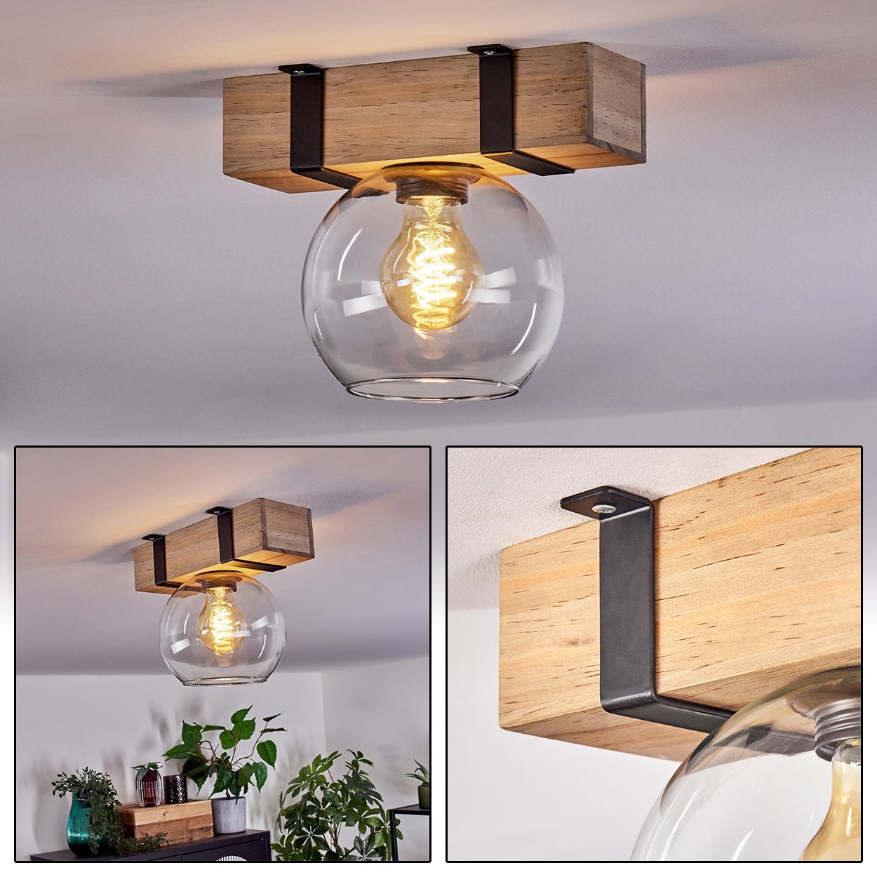 hofstein Deckenleuchte Deckenlampe aus Metall/Holz/Glas in Schwarz/Natur/Klar, ohne Leuchtmittel, Holzbalken und Glasschrim Ø15cm, 1x E27, ohne Leuchtmittel