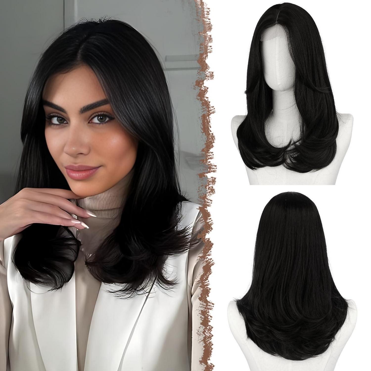 LuxusKollektion Kunsthaarperücke Perücken Pony 45 cm Damen Spitzenfront Lace Front Natürlich Schwarz