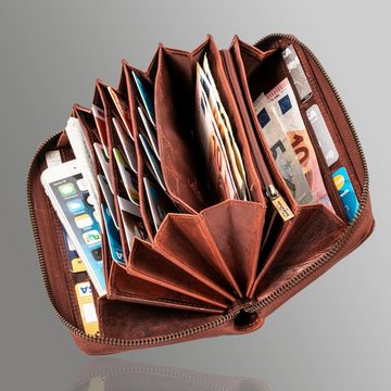 Matador Geldbörse (Damen - Groß Vintage Leder Portemonnaie, für Damen mit RFID-Schutz), Geldbeutel Damen mit 12 Kartenfächer,Handyfach mit Reißverschluss