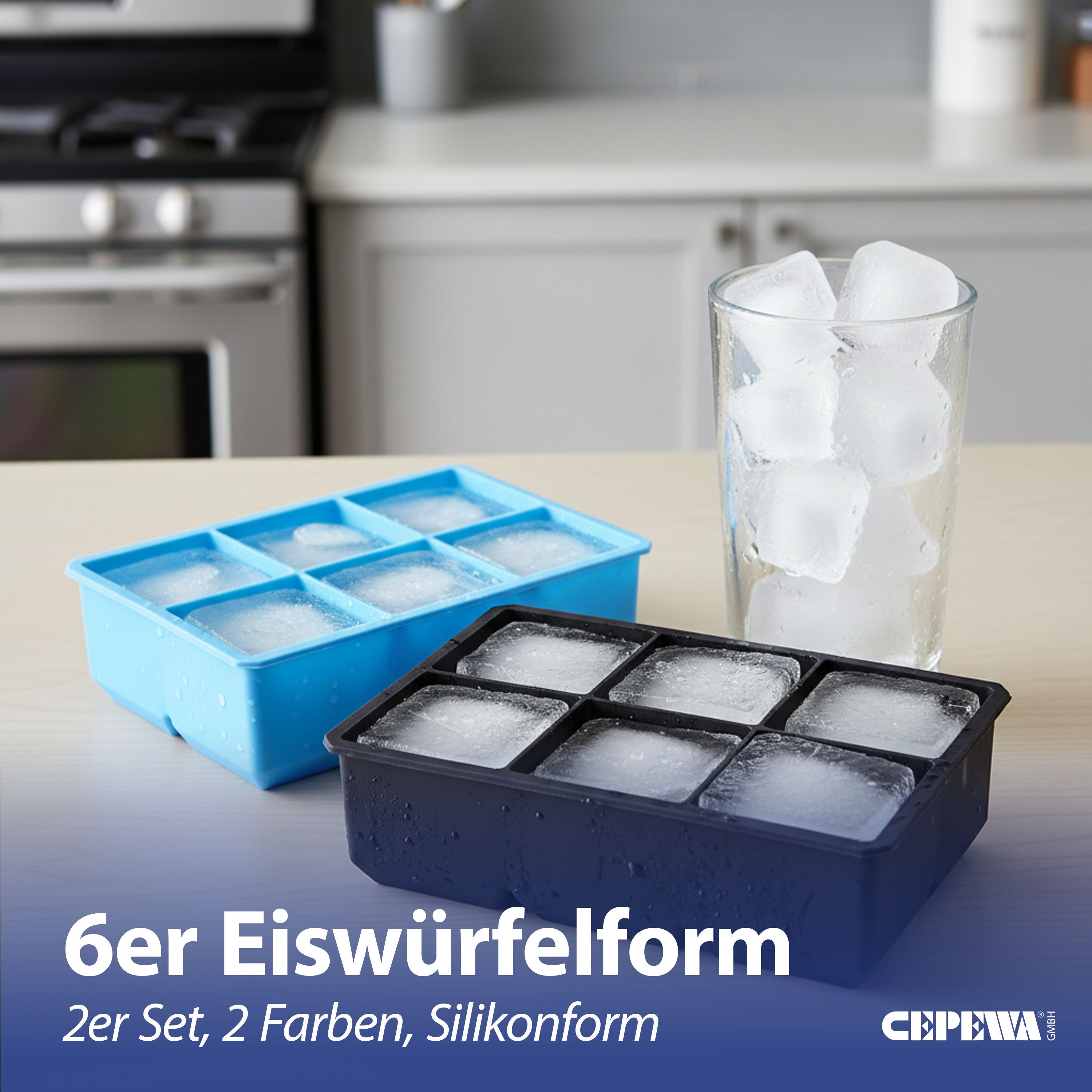 CEPEWA Eiswürfel-Steine Eiswürfelform 2er Set 17x5x12cm Silikon schwarz blau 6 XL Würfel