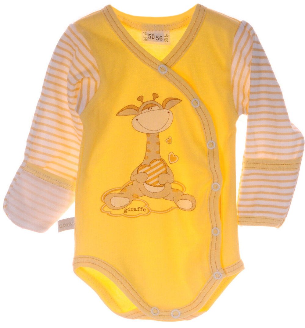 Wickelbody Baby Body Langarmbody mit KRatzschutz in Gelb mit Giraffe