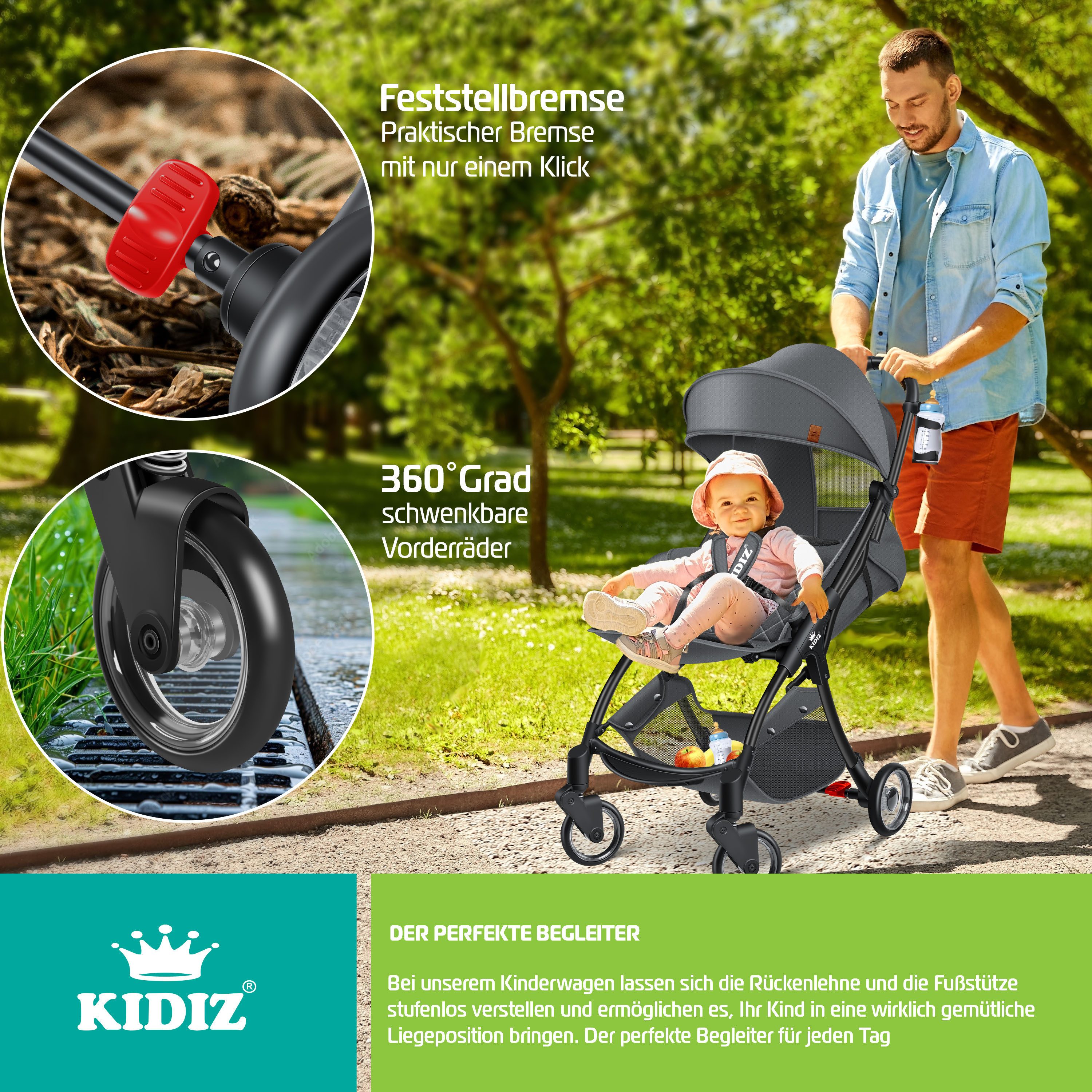 KIDIZ Kombi-Kinderwagen Sportwagen Faltbar, Buggy mit verstellbaren Rückenlehnen & 360° Räder, (Kinderbuggy Inkl. Getränkehalter, Regenabdeckung & Sonnenverdeck), Liegebuggy mit 5-Punkt Gurt & Abnehmbare Stoßstange