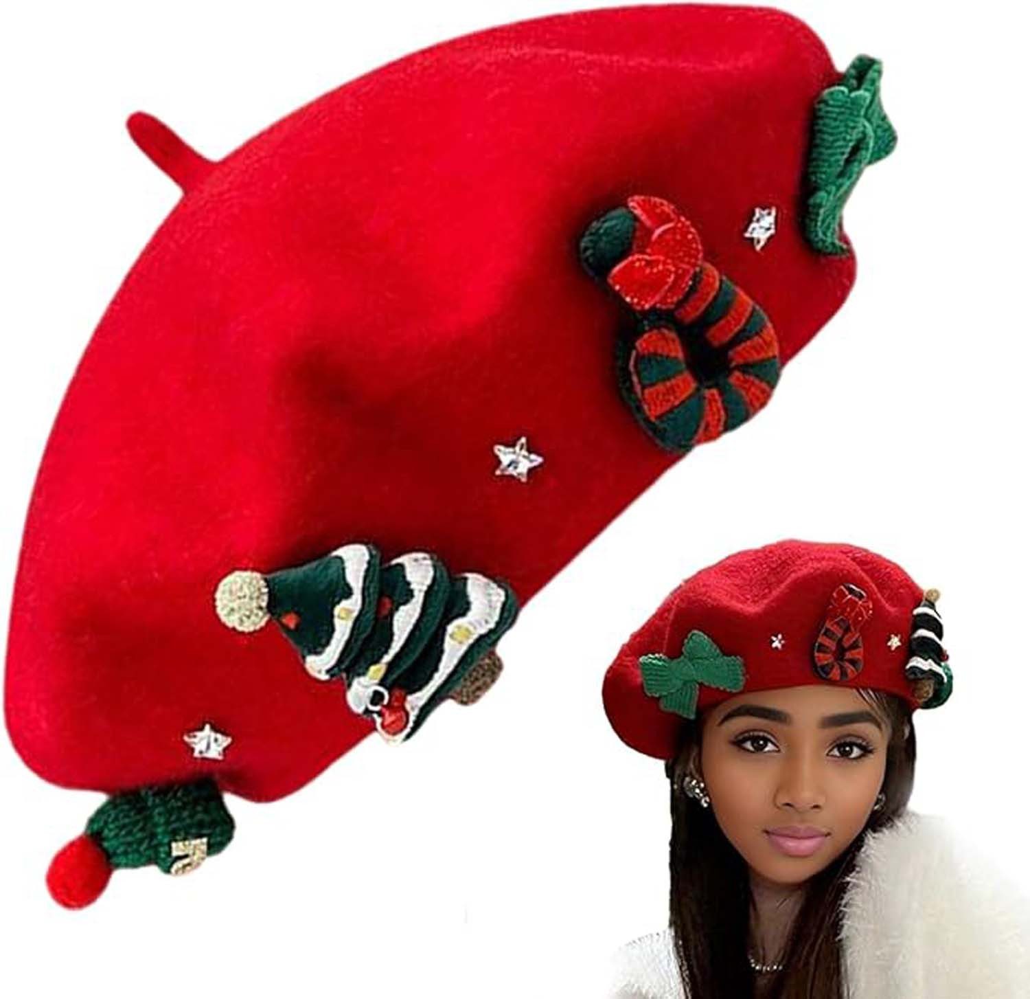 Coonoor Baskenmütze Damen Weihnachtsthema Wolle Baskenmütze für Frauen