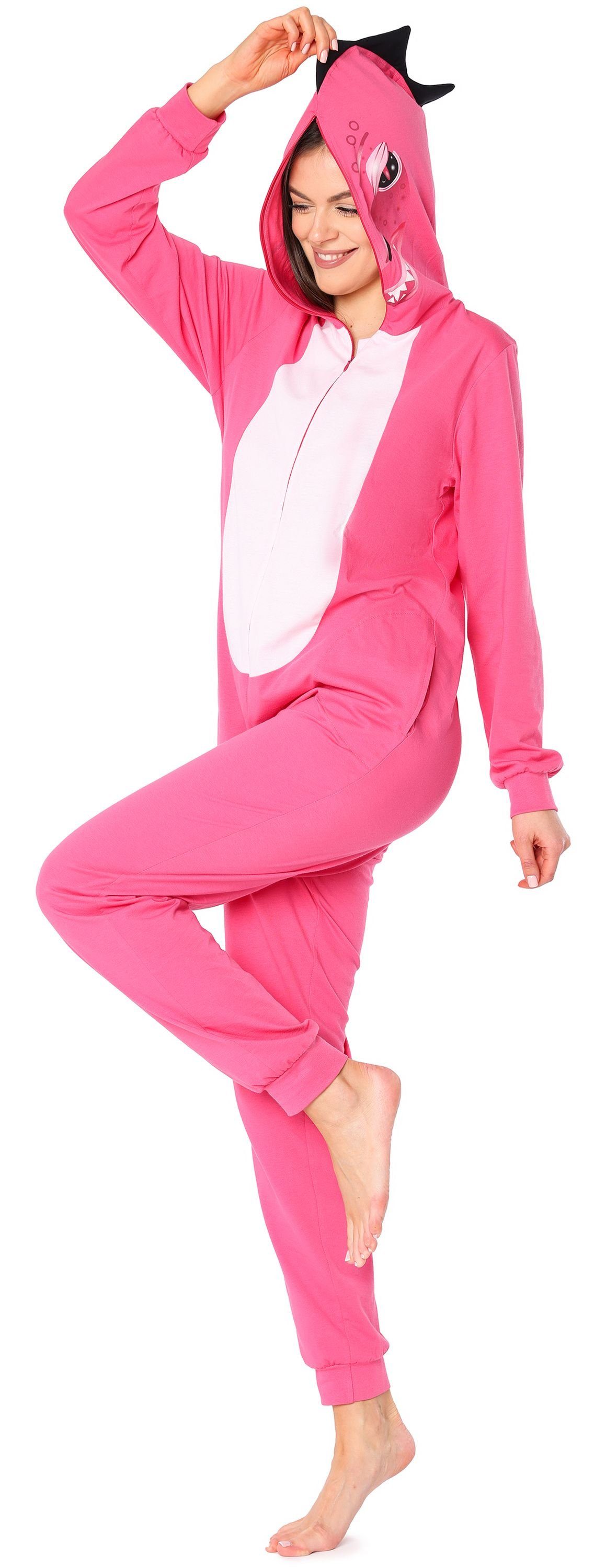 Jumpsuit Kapuze mit Schlafoverall Dino Schlafanzug LA40-234 Baumwolle Damen Dunkelrosa ohne aus Ladeheid