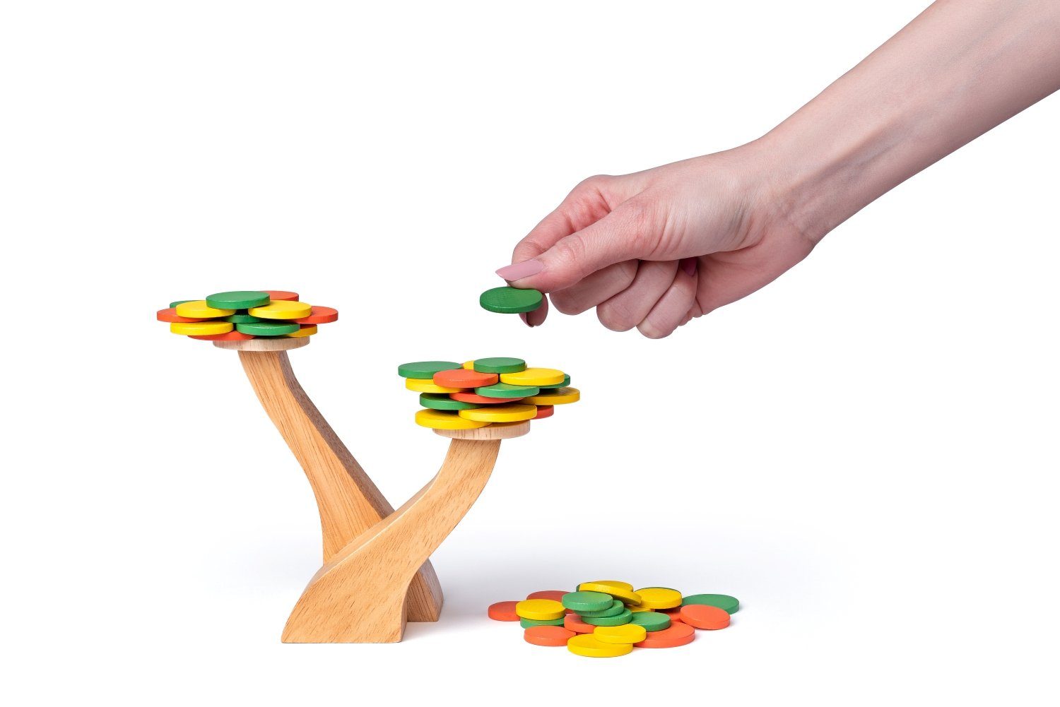 Woodyland Lernspielzeug Holz-Stappel- und Balancierspiel Baum. Mit 2 Farbwürfel. 183 Teilig (183-St), Balancierspiel Baum