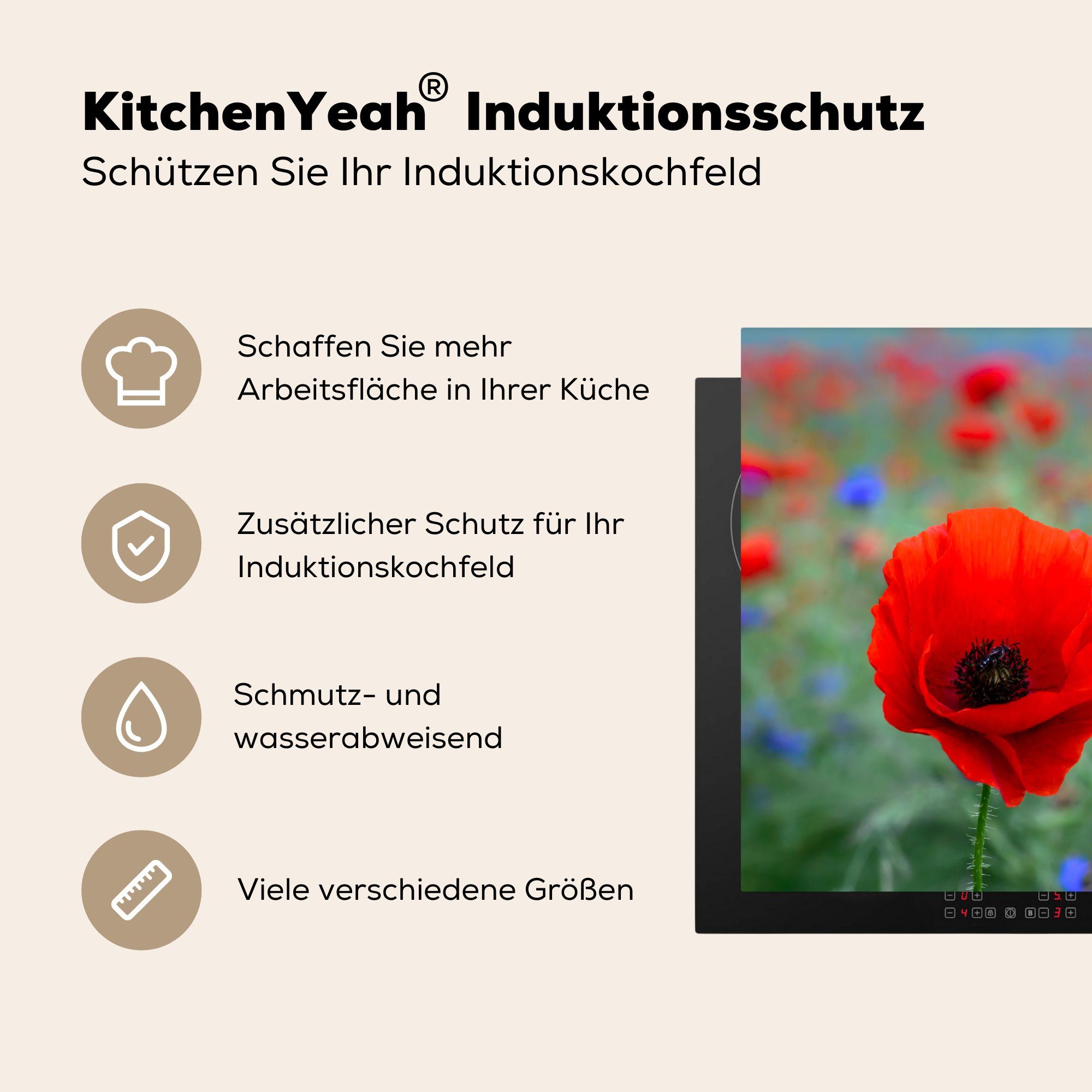 Mohnblumen cm, Herdblende-/Abdeckplatte MuchoWow Lila auf Arbeitsplatte für einer rote küche tlg), Vinyl, Ceranfeldabdeckung, Wiese, und 78x78 (1
