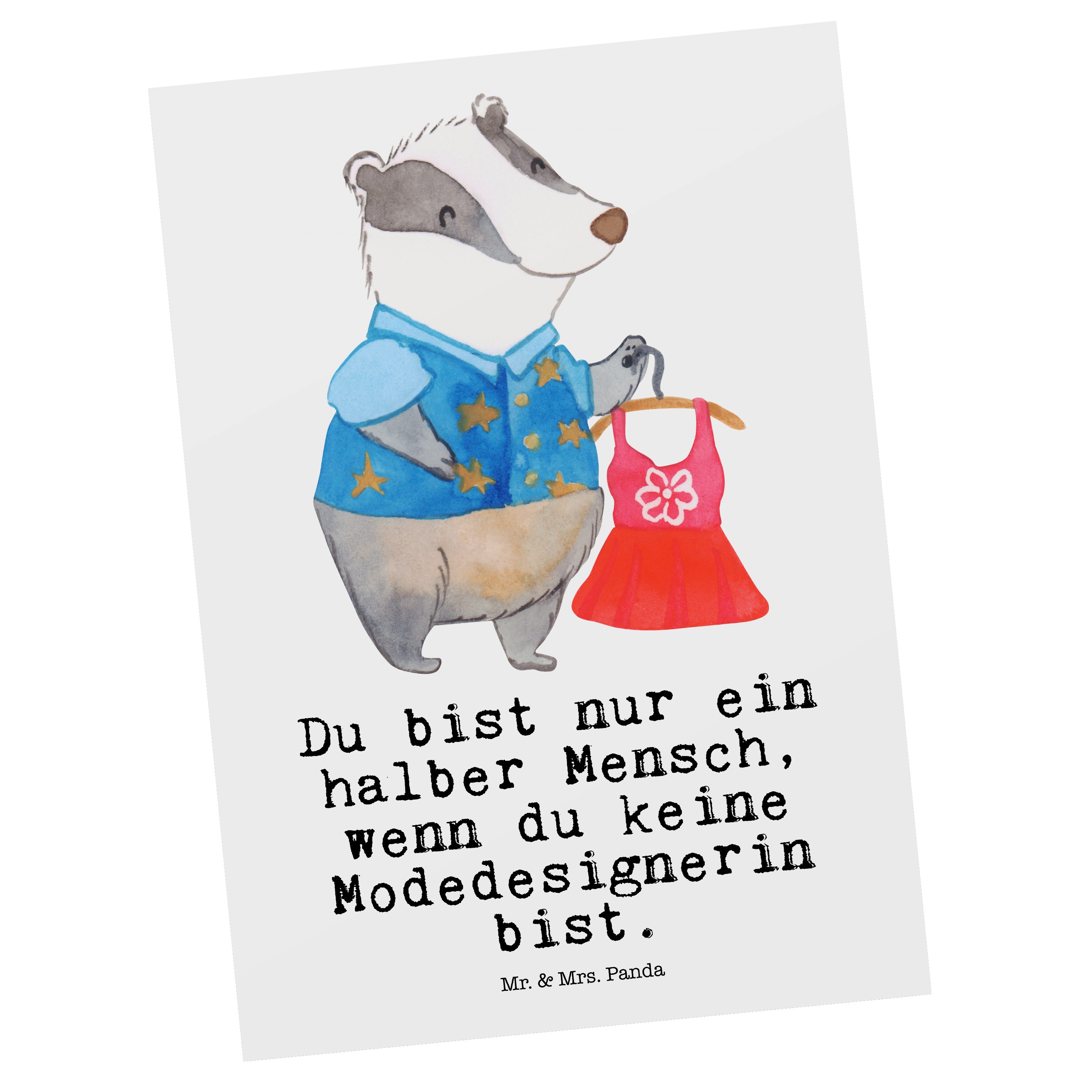 Mr. & Mrs. Panda Postkarte Modedesignerin mit Herz - Weiß - Geschenk, Grußkarte, Modeschöpferin