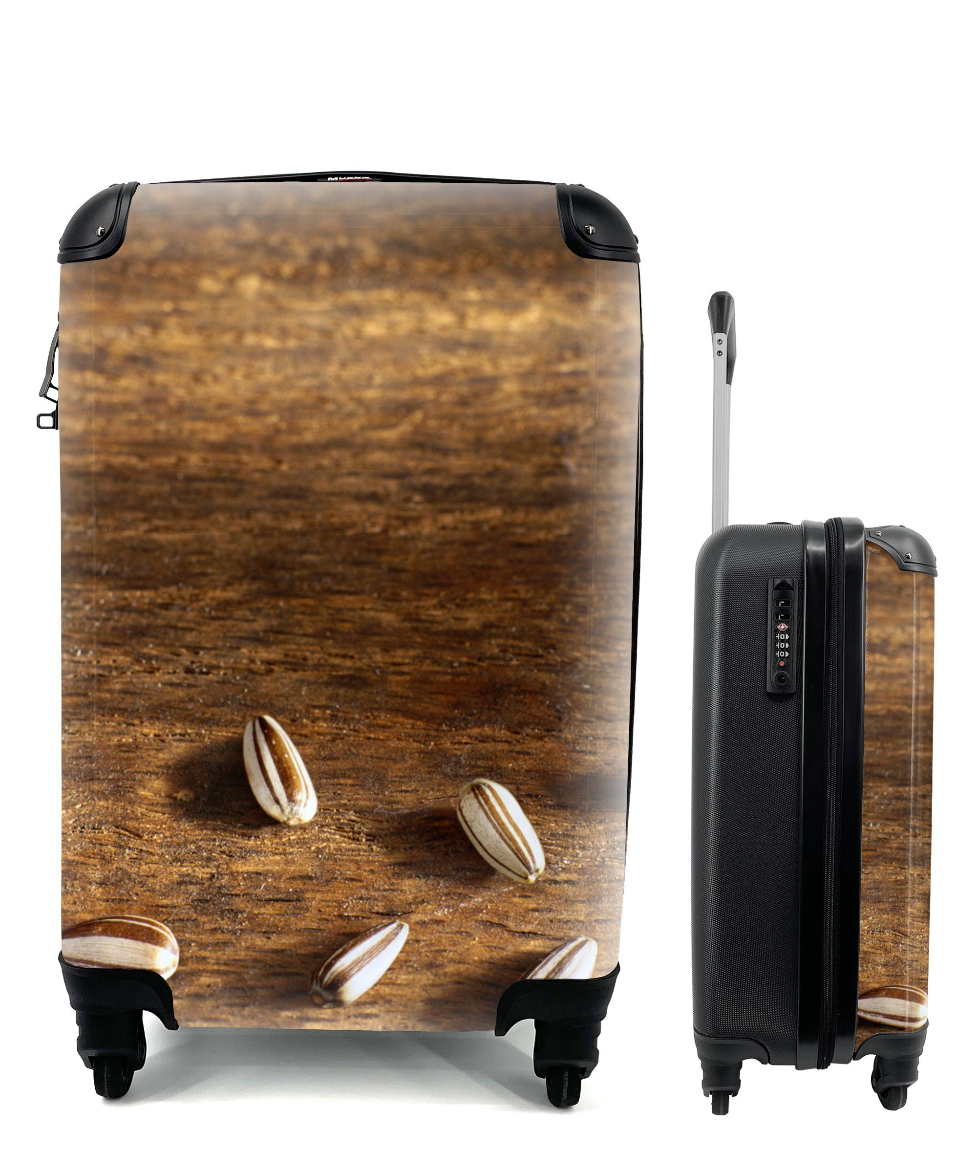4 MuchoWow Handgepäck Trolley, mit schöne für Reisekoffer Zehn Sonnenblumenkerne einem Handgepäckkoffer rollen, Holztisch, Rollen, Ferien, Reisetasche auf
