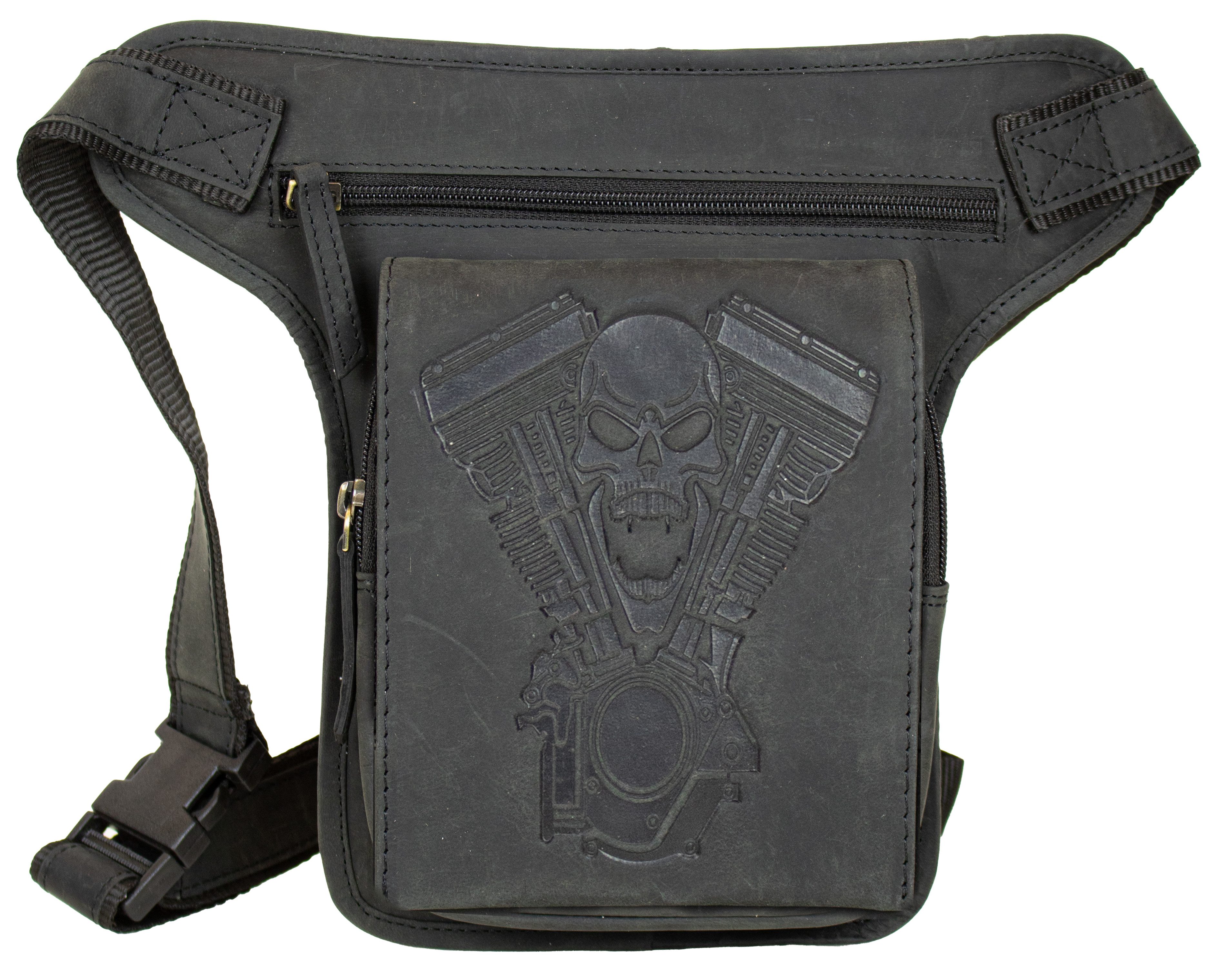 MDM Beintasche Biker Beintasche Hüft-, Gürteltasche mit Totenkopf Motorblock-Prägung, Im Vintage Look bearbeitet