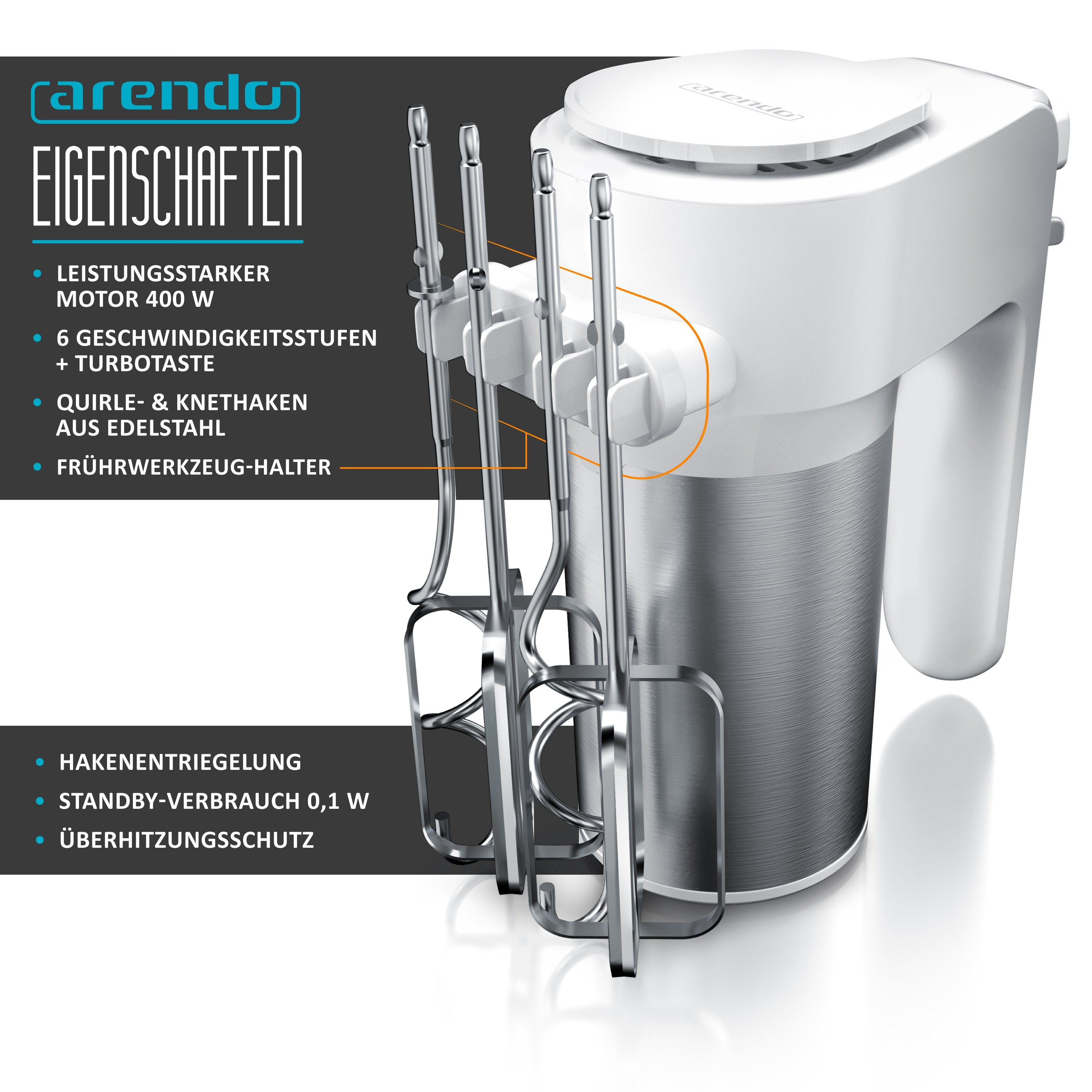 Arendo Handmixer Elektrischer Handrührer Edelstahl, 5 Geschwindigkeiten, Turbofunktion, 400 W, inkl. 2 Edelstahl Knethaken, ergonomisches Gehäuse, Thermosicheru – Bild 3 von 5