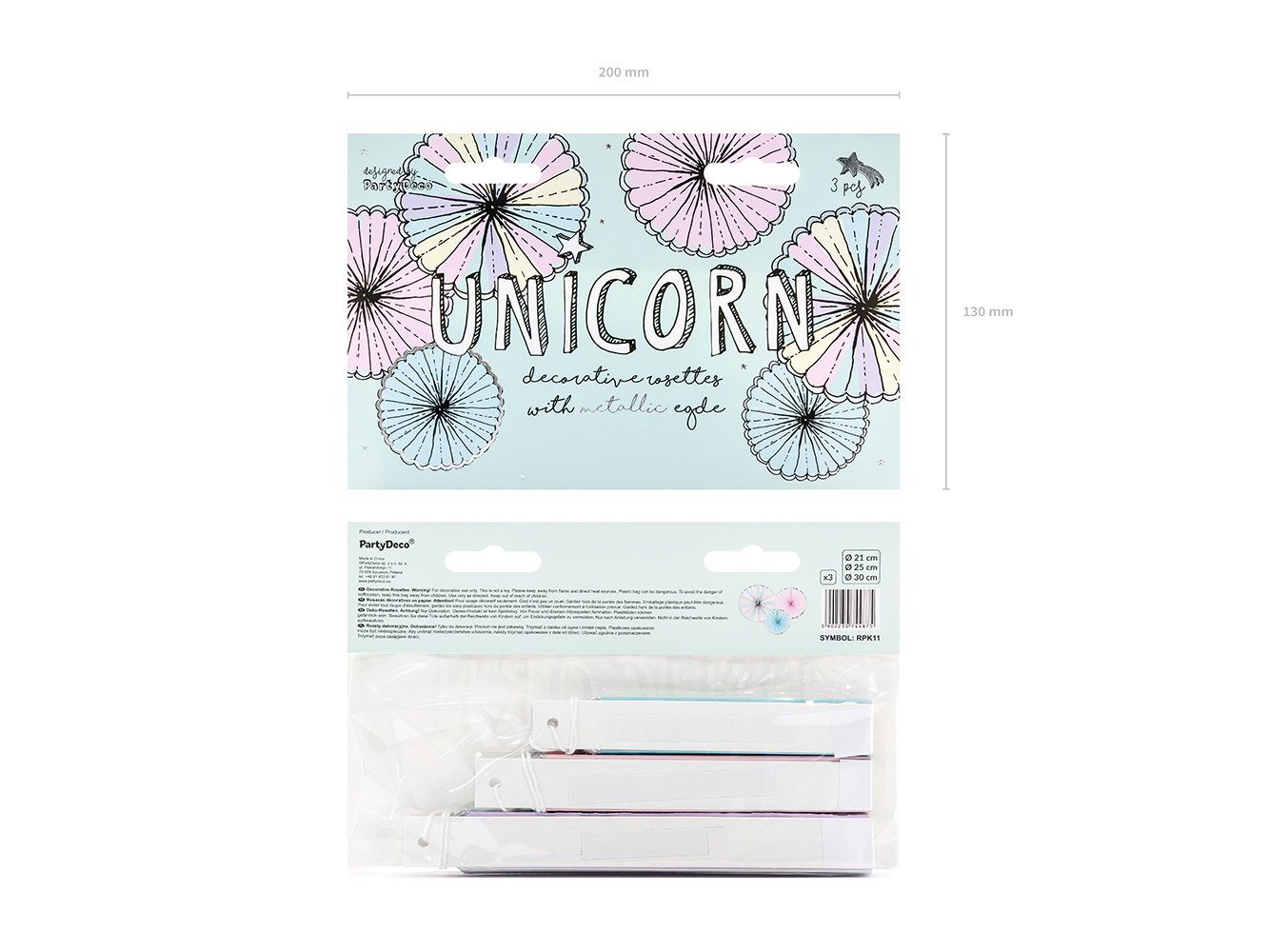 partydeco Papierrosette, Deko Papier Rosetten Einhorn Muster 21-30cm blau rosa 3er Set
