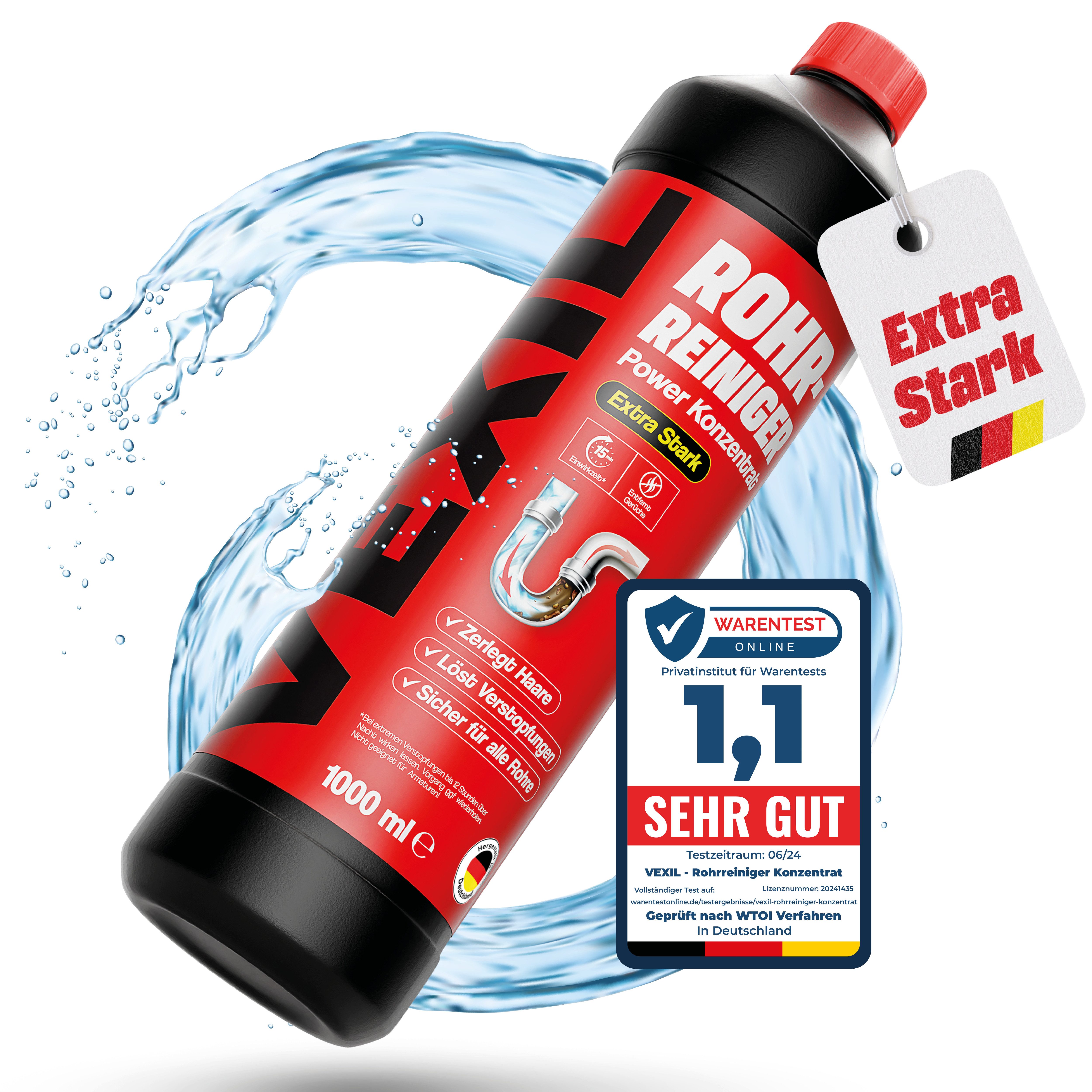 VEXIL Rohrreiniger - Profi Abflussreiniger EXTRA STARK für Extremfälle - 1L Rohrreiniger (1x 1 L Flasche 1 L)