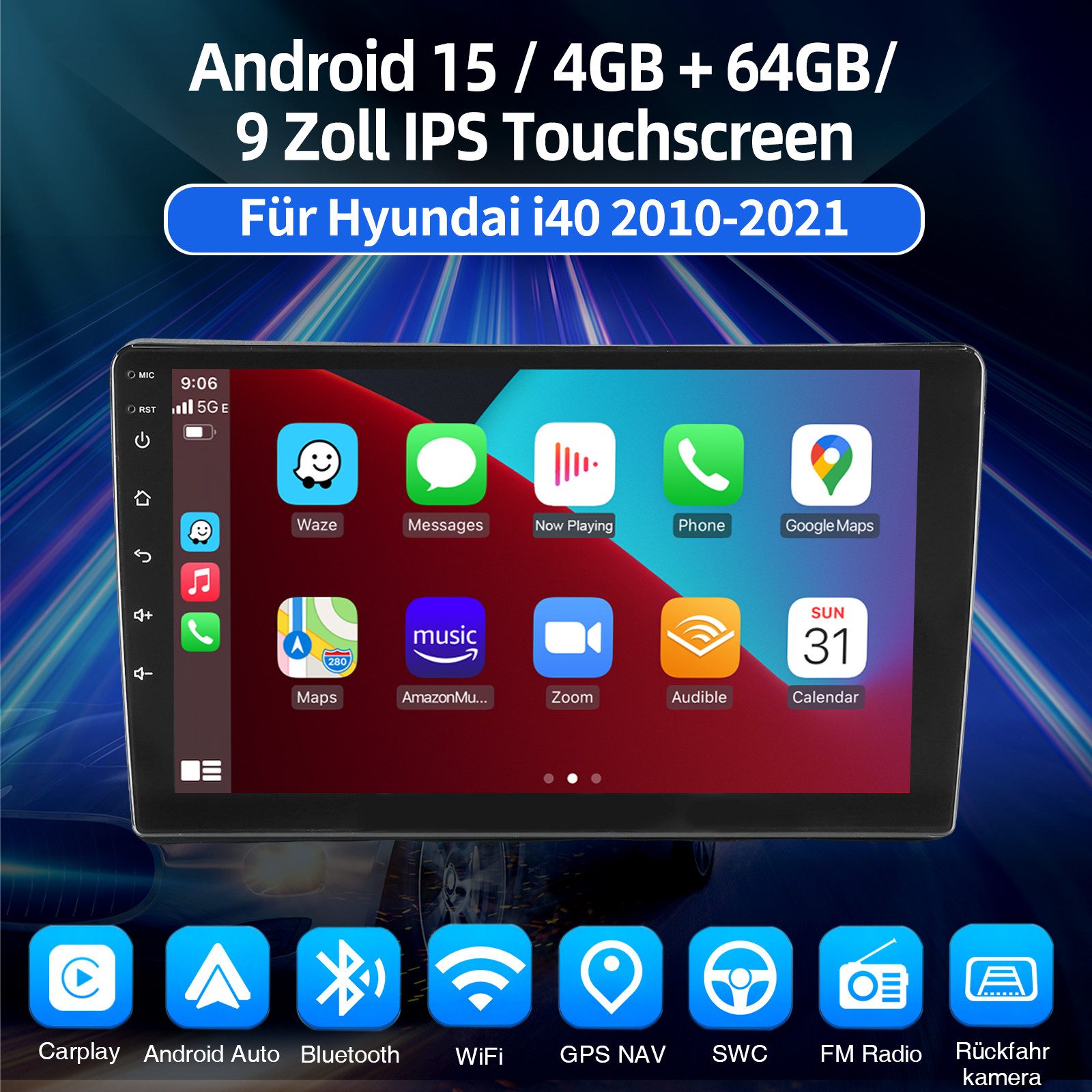 ESSGOO DAB+ Carplay Android15 Autoradio Für Hyundai i40 2011-19 GPS NAVI WiFi Autoradio (DAB (optional), DAB+ (optional), 4+64GB(optional), RDS, AM, FM, Carplay Android Auto Bluetooth EQ USB GPS Navi WIFI Touchscreen)