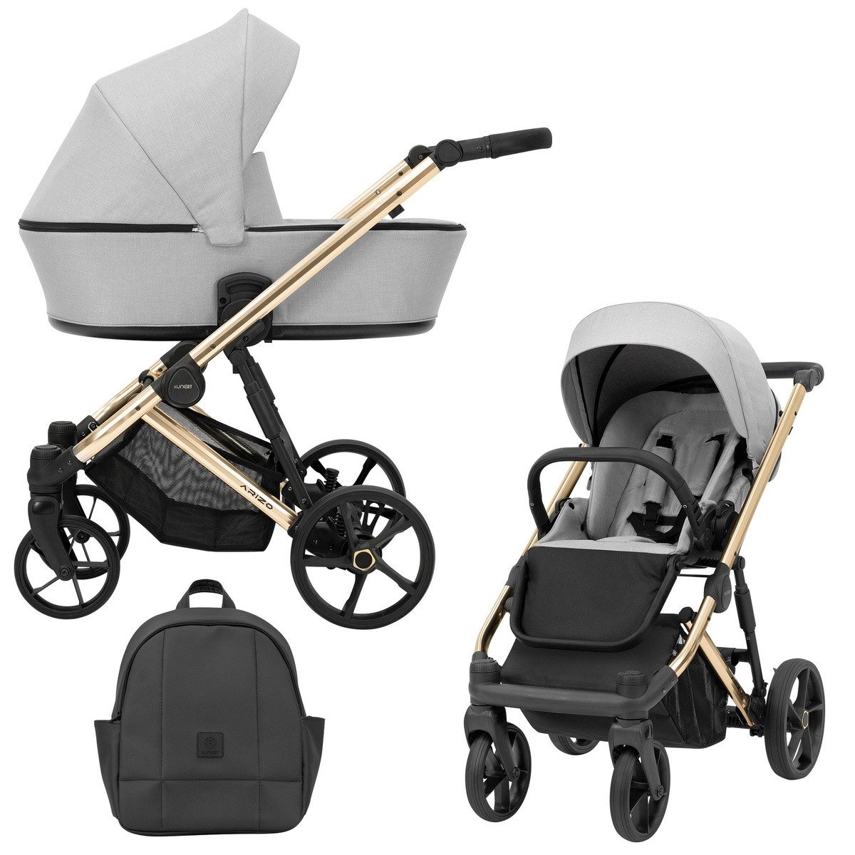 KUNERT Kombi-Kinderwagen ARIZO PREMIUM 2 in1 Kinderwagen mit goldenem Gestell und Zubehör, 5-Punkt-Gurt, verstellbare Rückenlehne, UV50-Sonnenschutz