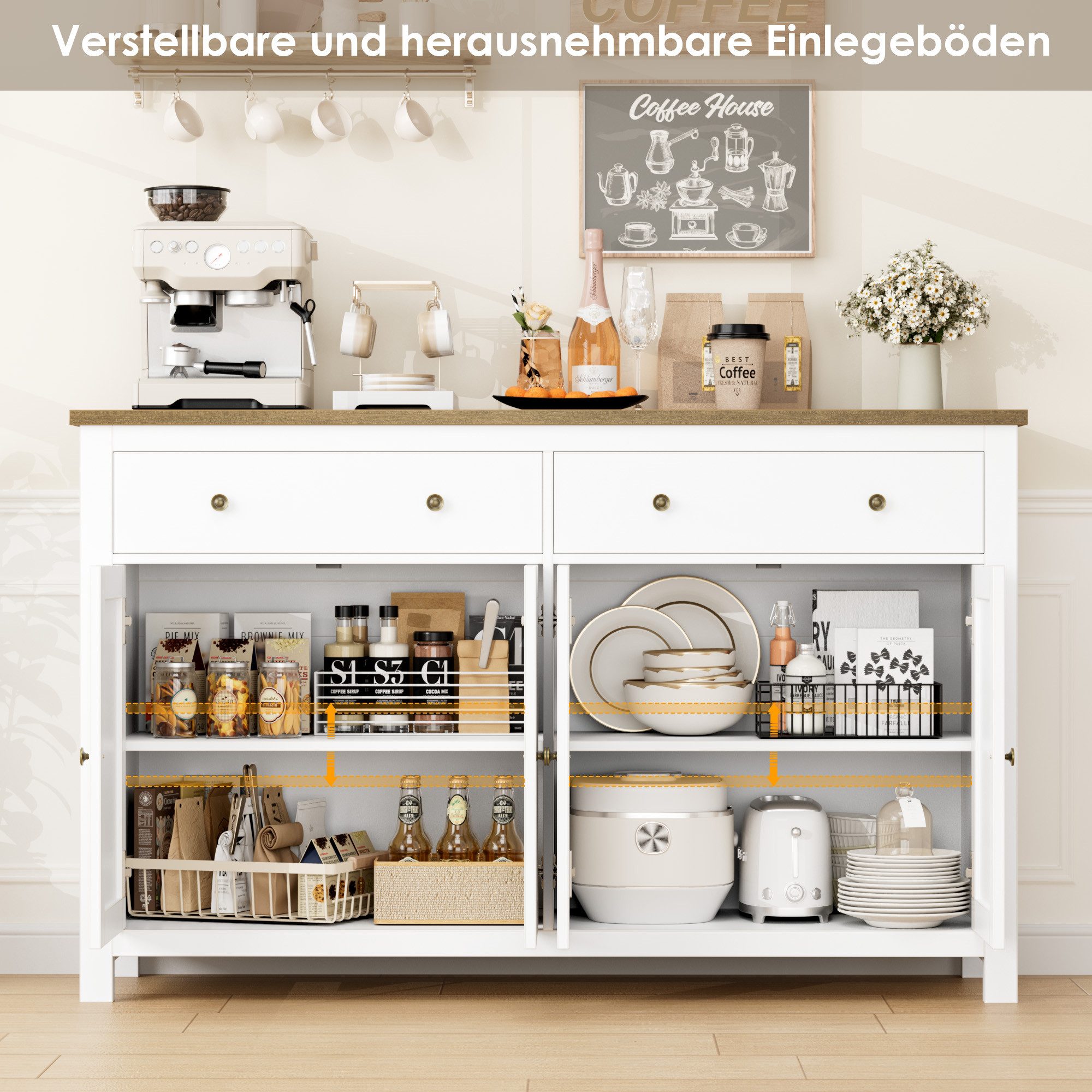 Homfa Sideboard für Küche 140cm Breit, Küchenschrank Buffetschrank mit 2 Schubladen 4 Türen 140x40x89cm weiß