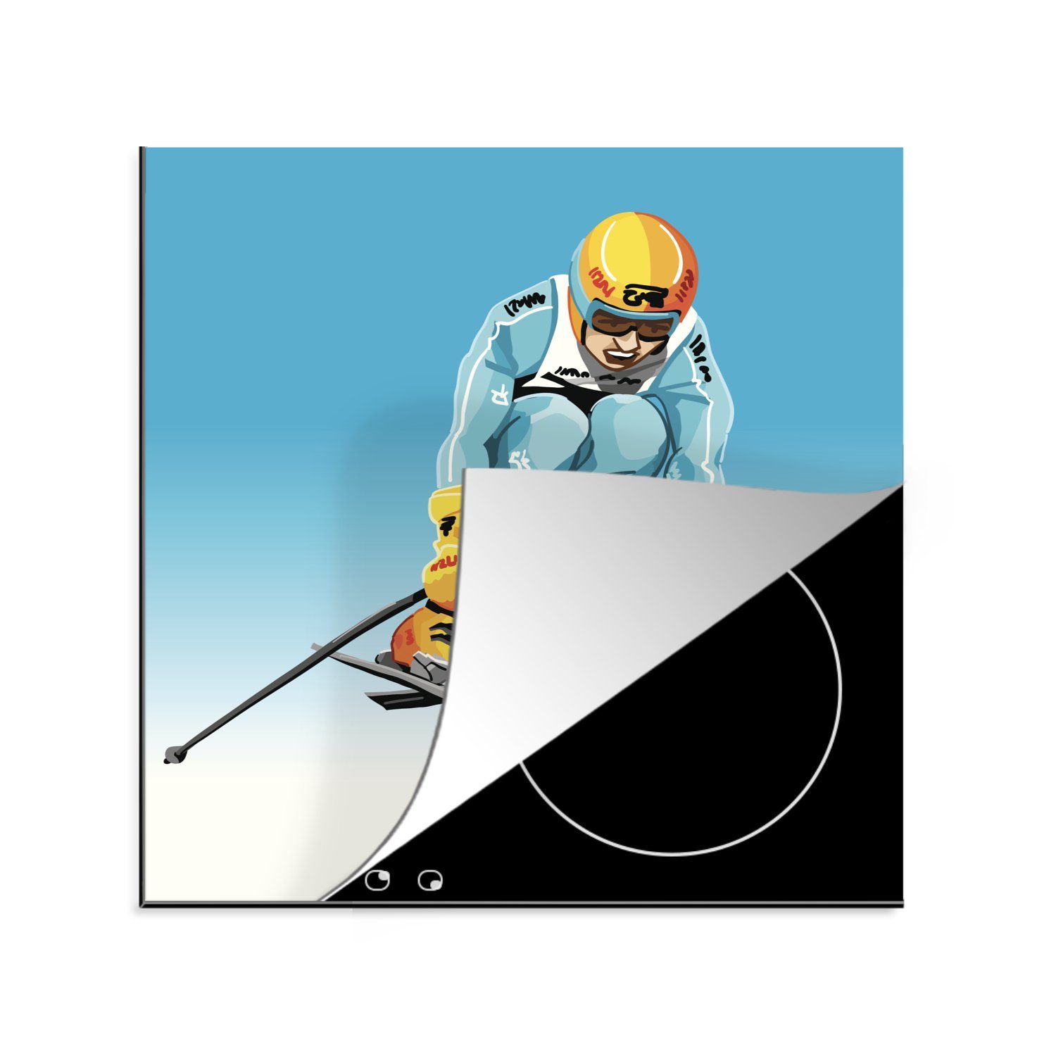 MuchoWow Herdblende-/Abdeckplatte 78x78 einer cm, Arbeitsplatte Skifahrer einen küche für Ein in Ceranfeldabdeckung, Illustration, großen Vinyl, tlg), (1 Sprung macht
