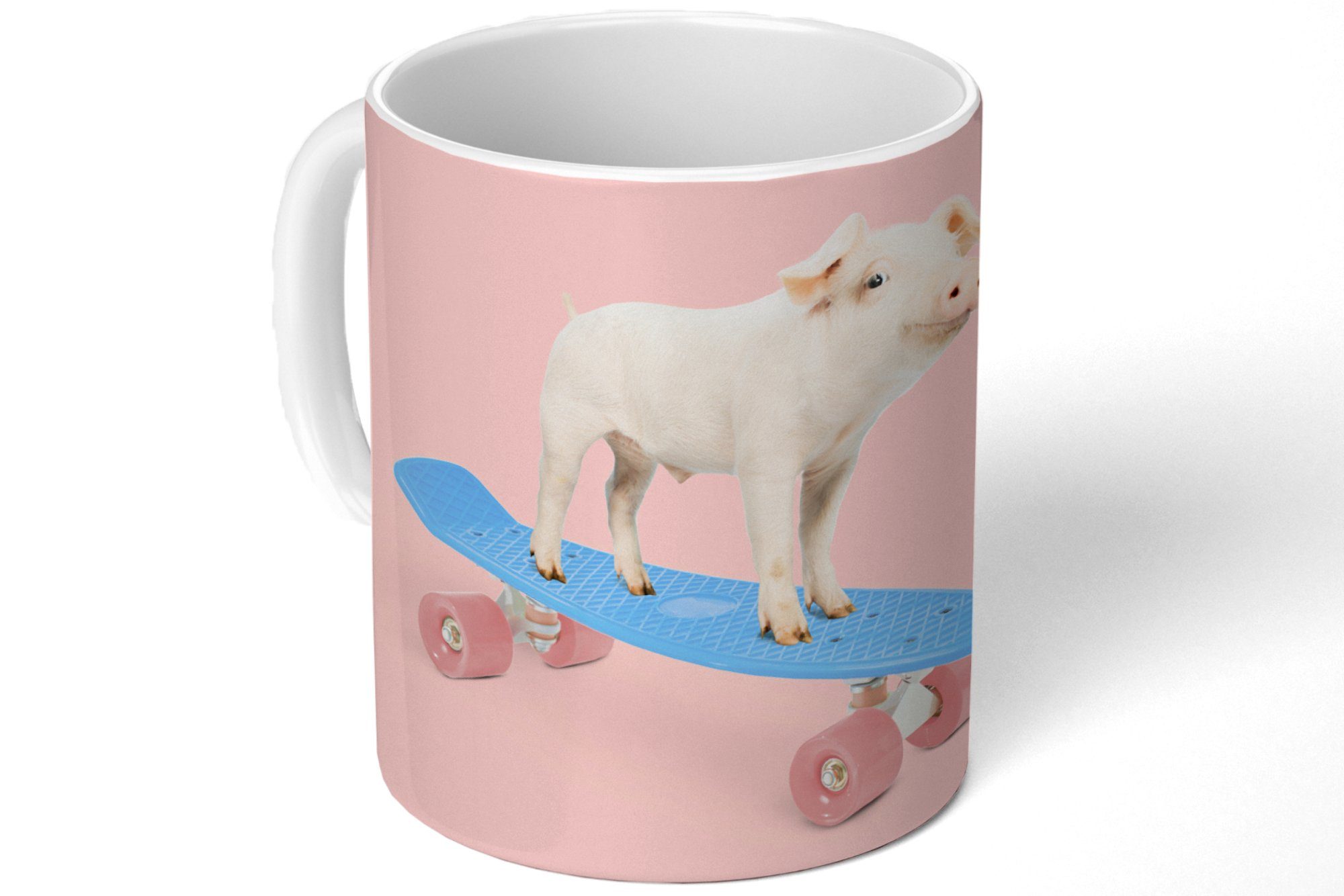 Schwein - - Becher, Kaffeetassen, Geschenk - Rosa - Blau Keramik, Skateboard Tiere, Tasse Teetasse, MuchoWow Teetasse,
