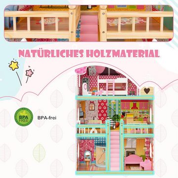 KOMFOTTEU Puppenhaus, multifunktionales Dollhaus mit 6 Zimmer & komplettem Spielzubehör