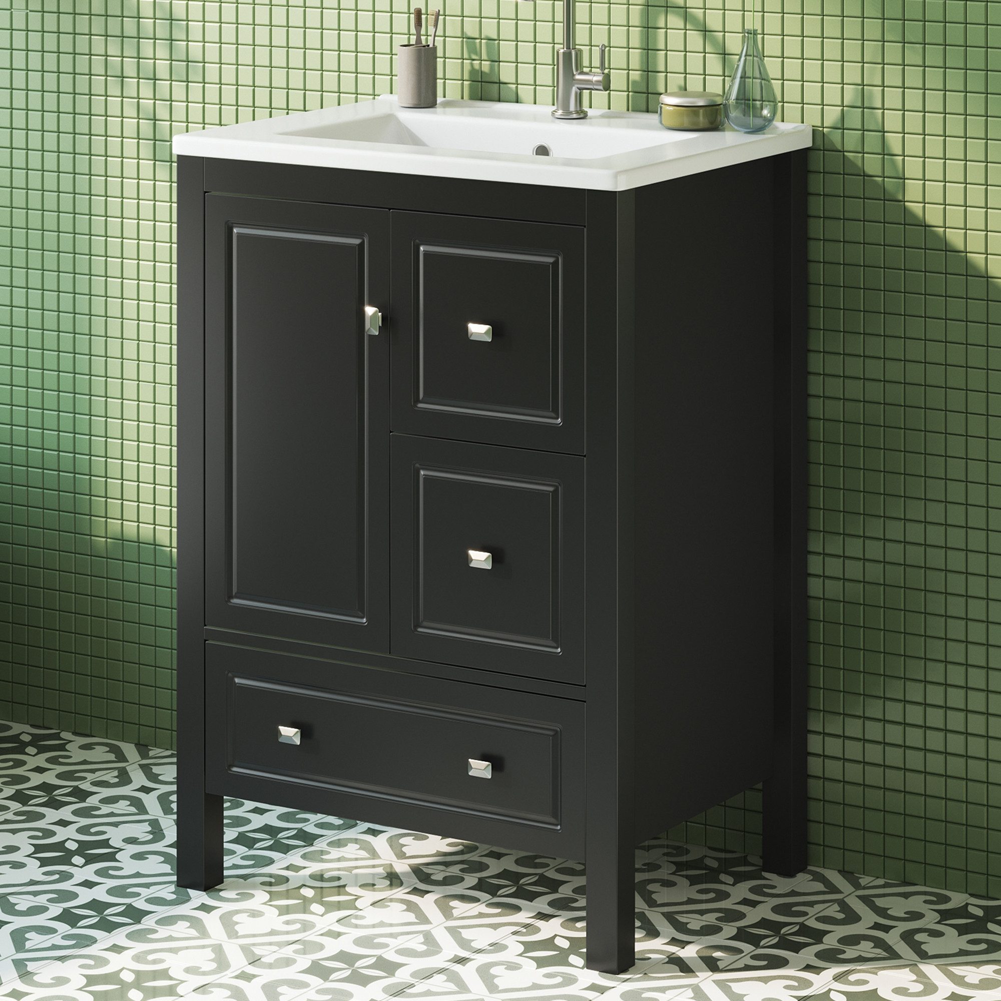 HAUSS SPOLE Waschbeckenunterschrank mit Keramikbecken und Stauraum,Badezimmerwaschtisch in Schwarz (Freistehender Waschtisch Badmöbel mit Integrierter Keramik-Überlaufschutzbecken) Badezimmerwaschtisch mit einem 3D-Prägeprofil und Metallgriffe