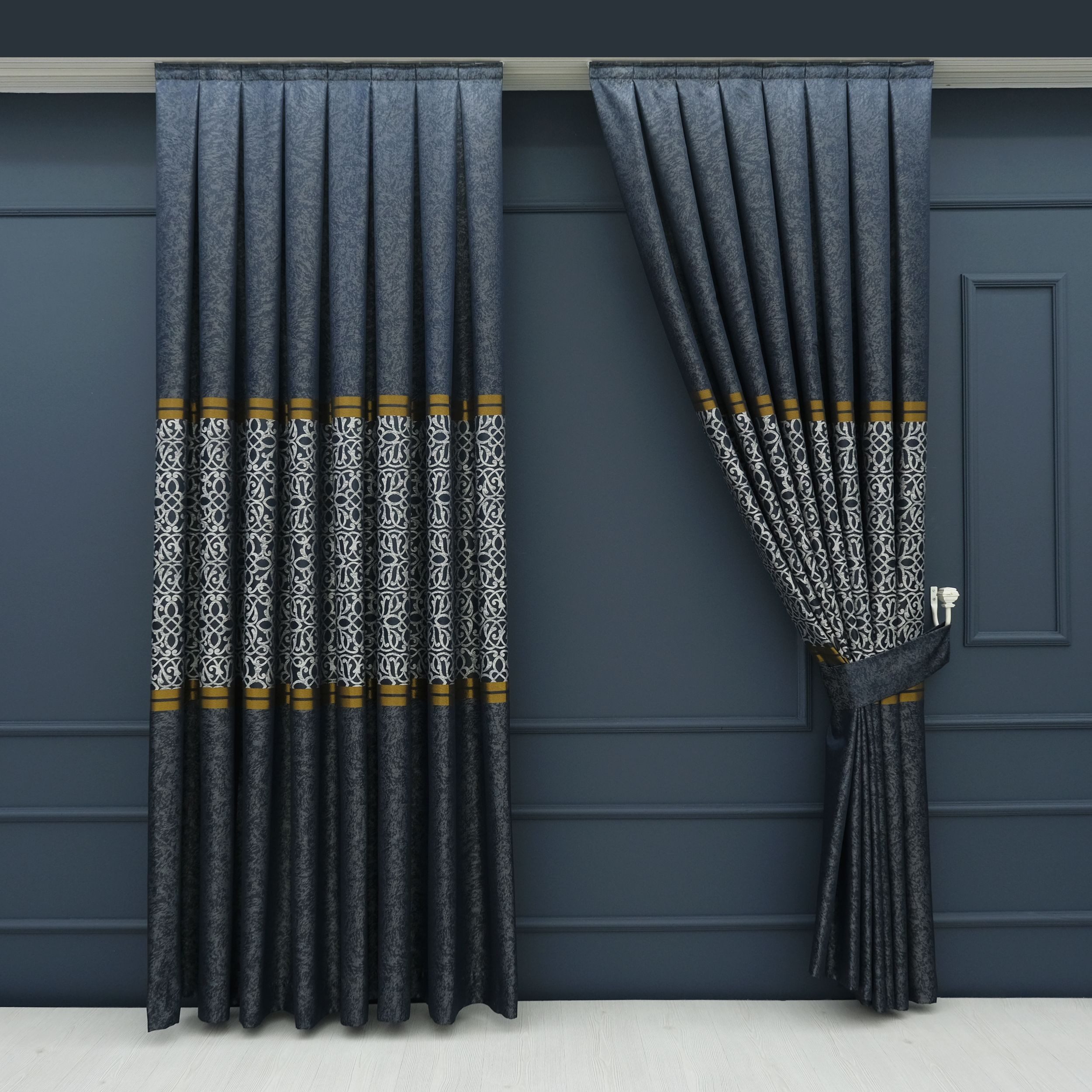 Gardinen by Justyna Vorhang 2er Fon Seiten Schal Set Anthrazit Dunkel Blau (4 St), Kräuselband, verdunkelnd, Fertiggardine,Hochwertiggardine,Turkischegardine,Falten,Pileli Perde