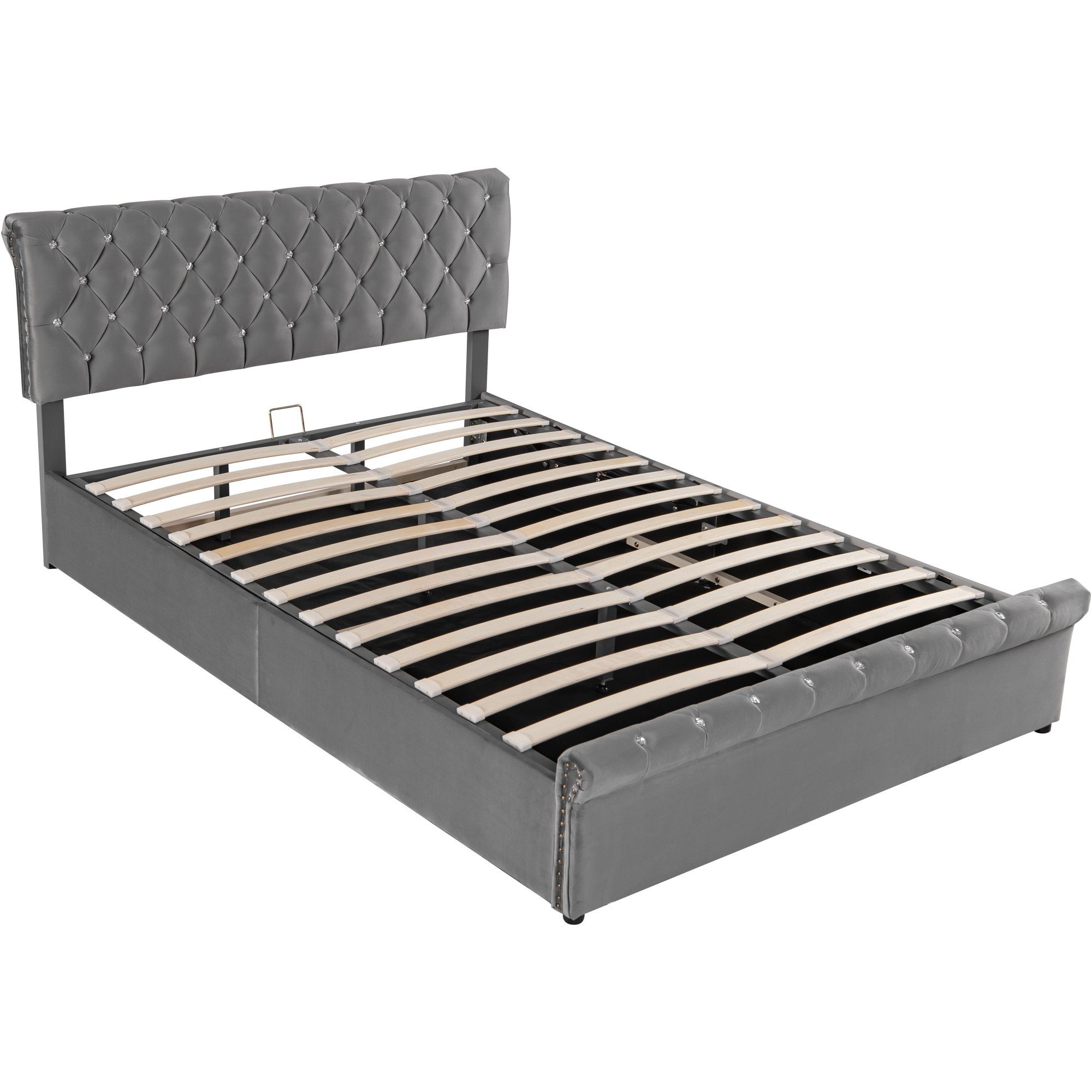 Boxspringbett (Doppelbett 140 x 200 cm, Polsterbett mit kristall schnalle, Lattenrost und Bettkasten), Hydraulisches Bett Funktionsbett mit höhenverstellbar Kopfteil, Samt