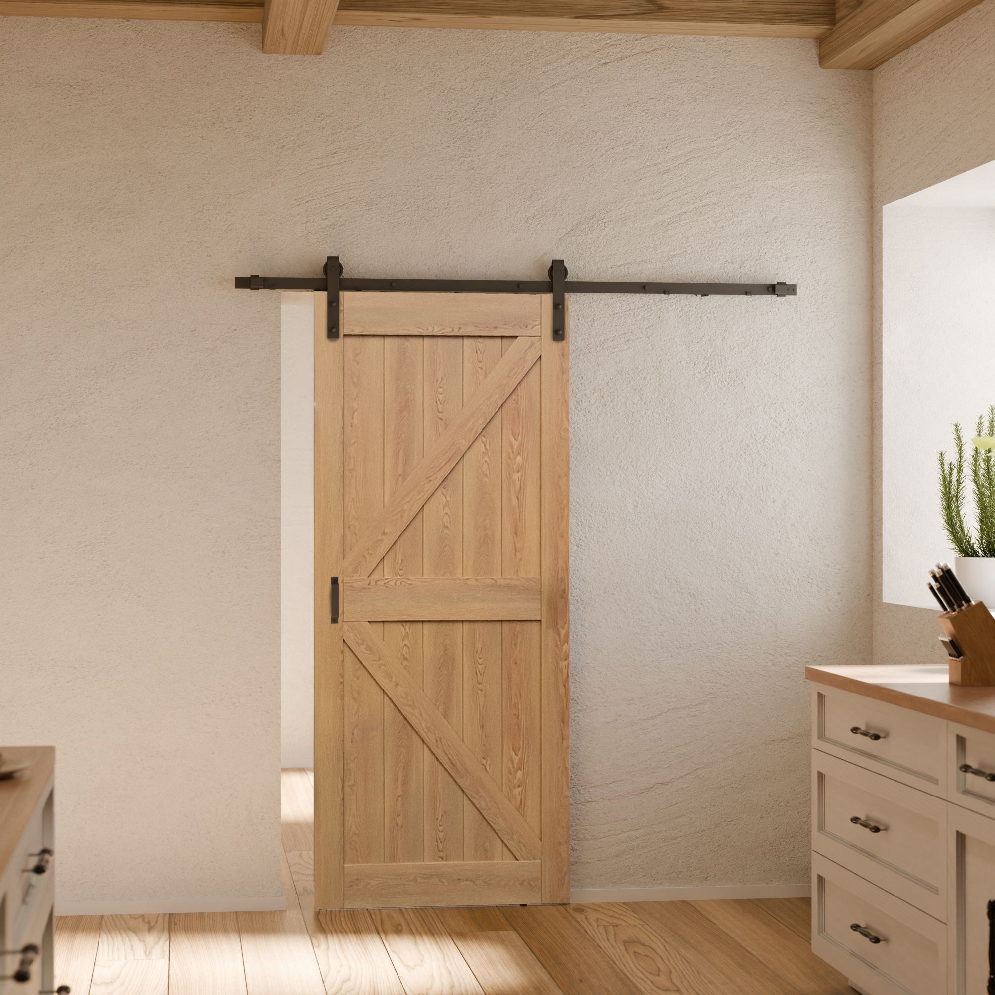 inova wohnen Schiebetür Holzschiebetür Scheunentor Eiche, Größenauswahl (Komplett Set, inkl. offener Laufschiene und Bügelgriff), beidseitiger Softclose