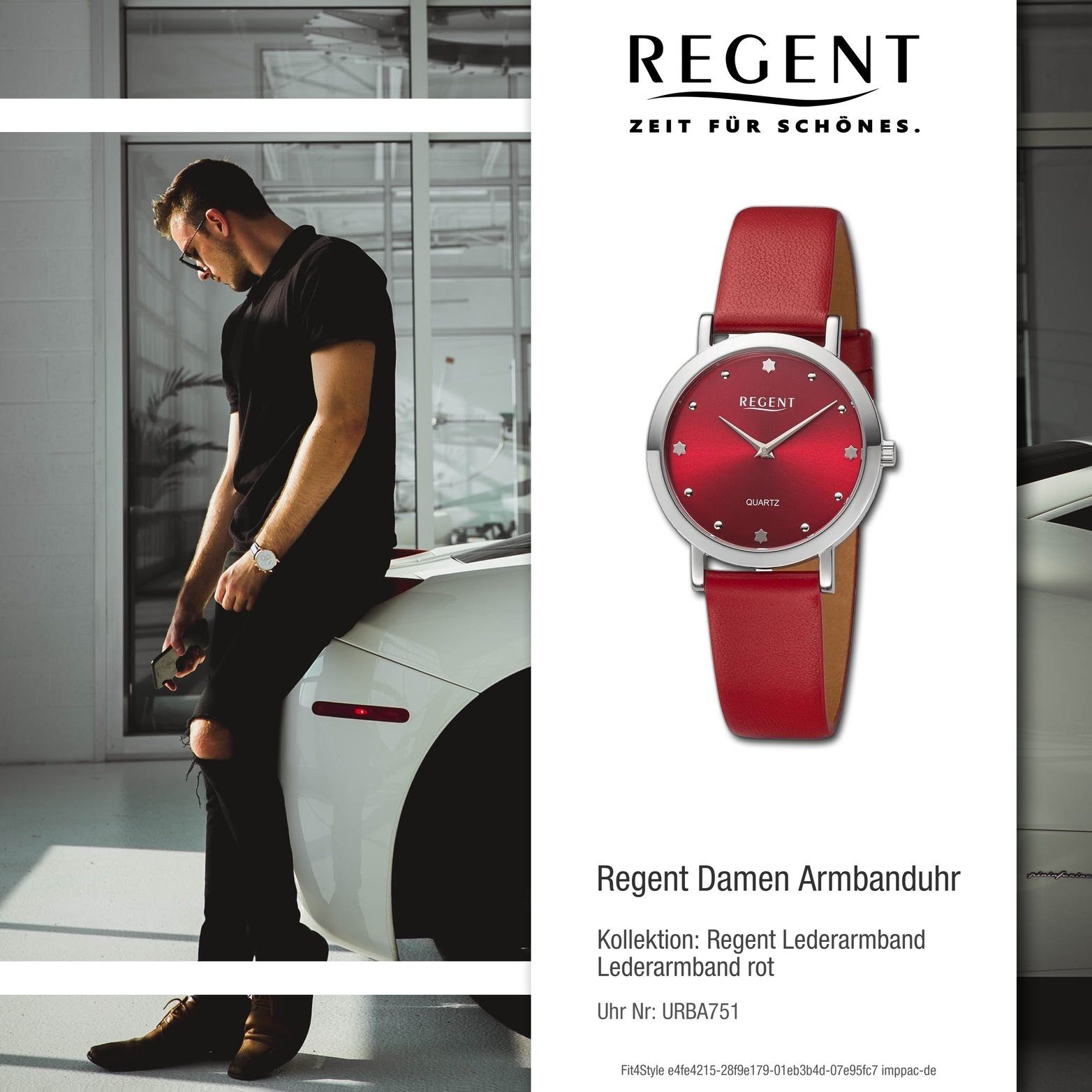 Regent Quarzuhr Regent Lederarmband groß (ca. Analog, 32,5mm) Gehäuse, extra Damenuhr Armbanduhr rundes Damen rot