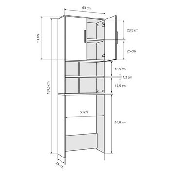 ML-DESIGN Waschmaschinenumbauschrank Badezimmerschrank Hochschrank Badmöbel Badschrank Umbauschrank Eichenoptik 187,5x63cm mit 2 Türen und 2 offenen Fächern