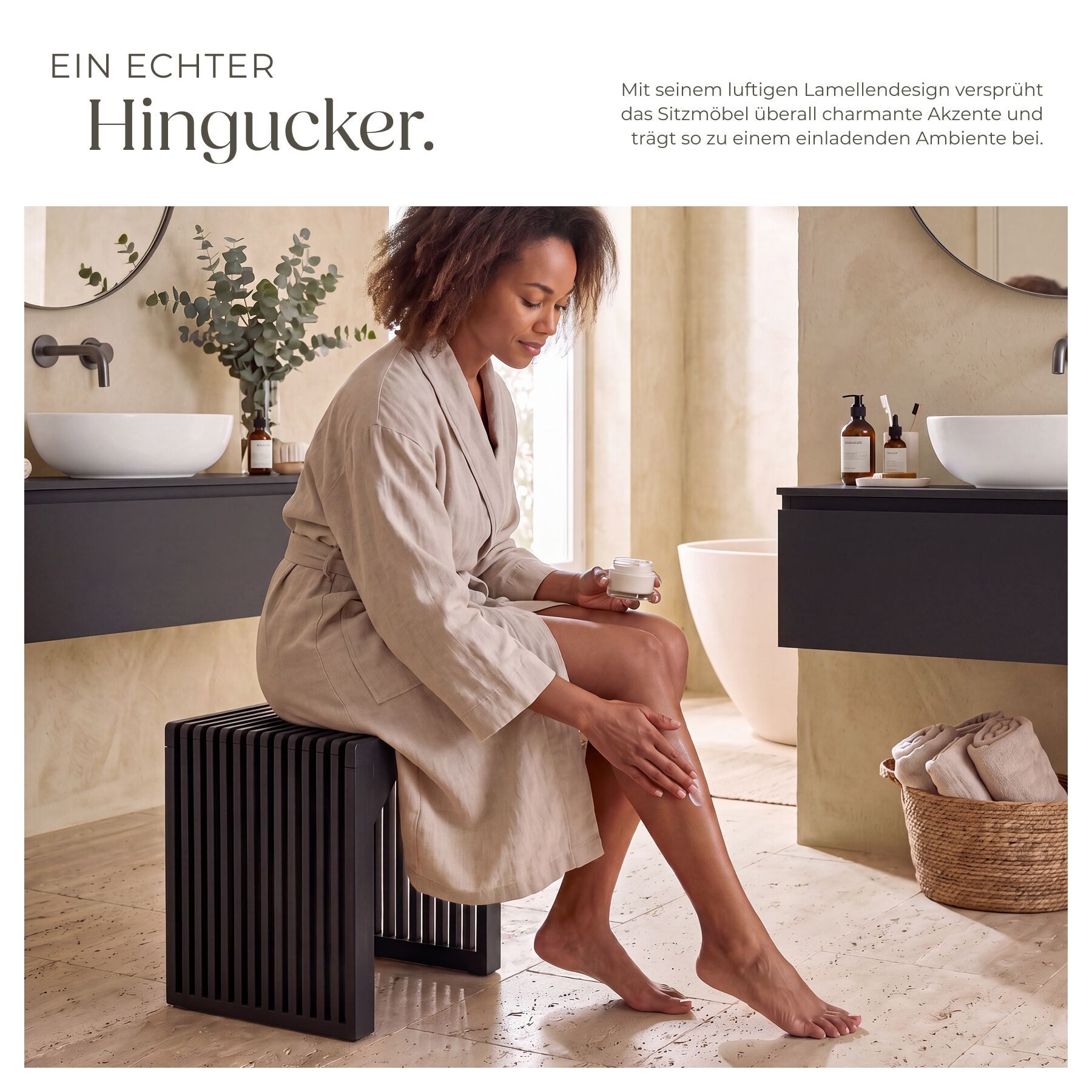 tectake Sitzhocker Bank mit Lamellenoptik aus lackiertem Bambus, belastbar 350 kg (Holz Sitzbank Ribb, in Schwarz), Mit Winkelverstärkung und bodenschonenden Fi – Bild 4 von 5