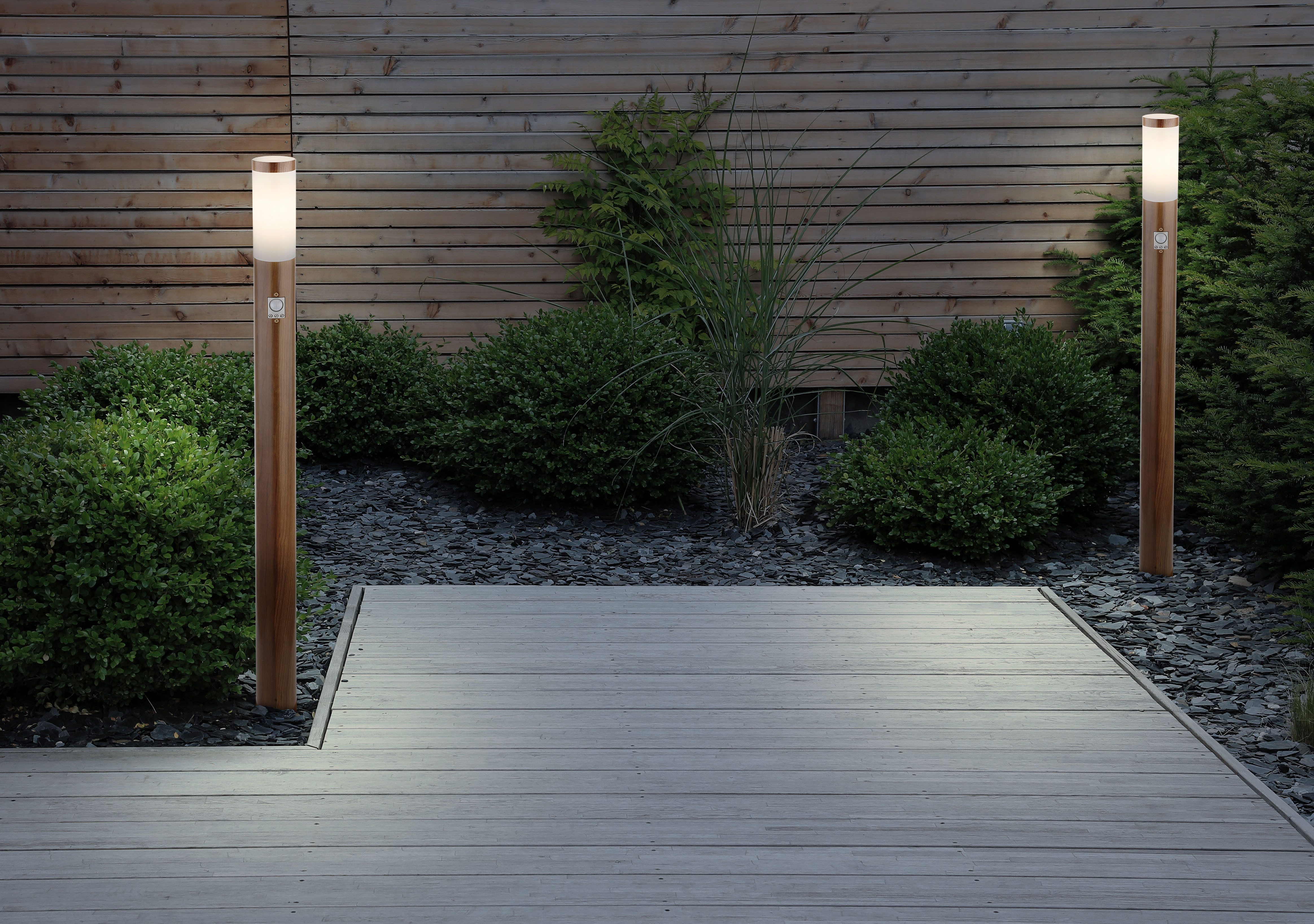 GLOBO LIGHTING Außen-Stehlampe BOSTON, ohne Leuchtmittel, Außenlampe/holzoptik/IP44/Terrasse/Sensor/ø: 127mm