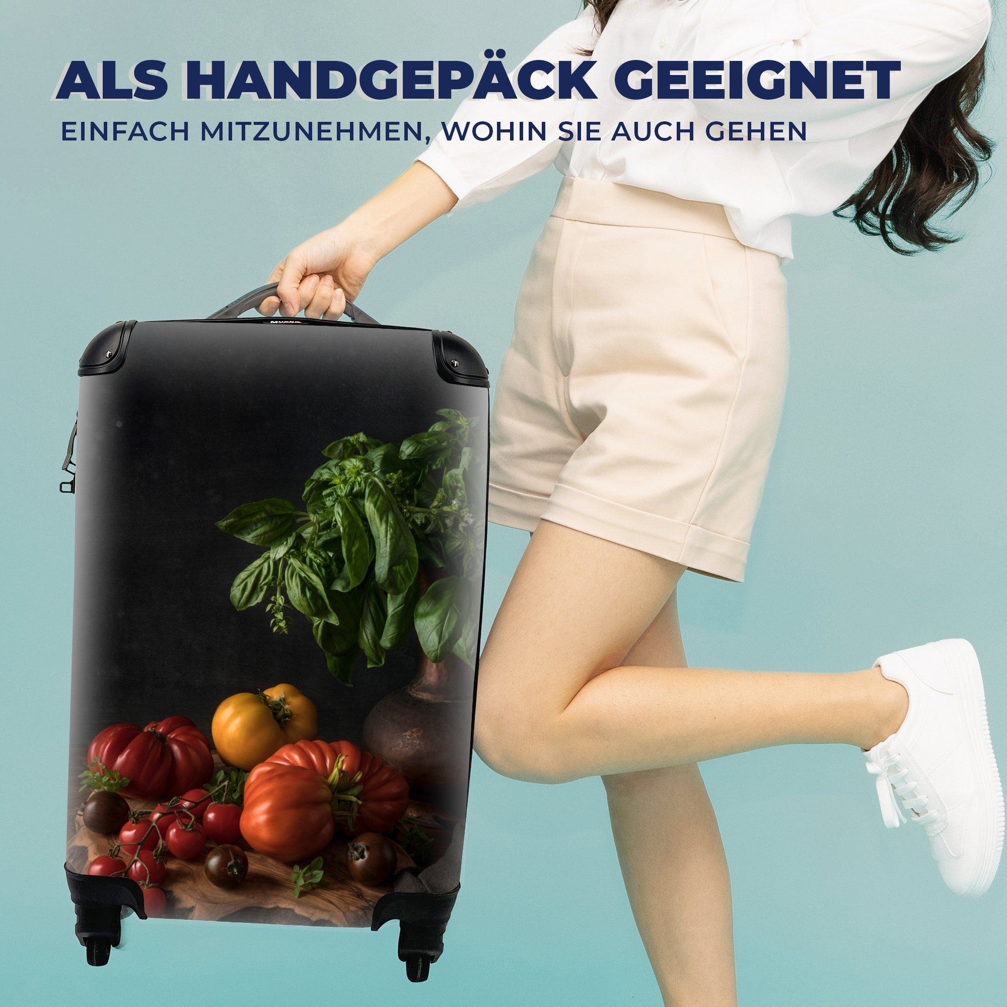 - Basilikum Trolley, - - Tomaten für mit Gemälde Reisekoffer 4 rollen, Handgepäckkoffer - Schwarz, Gemüse Handgepäck Stilleben - Rollen, Ferien, MuchoWow Reisetasche