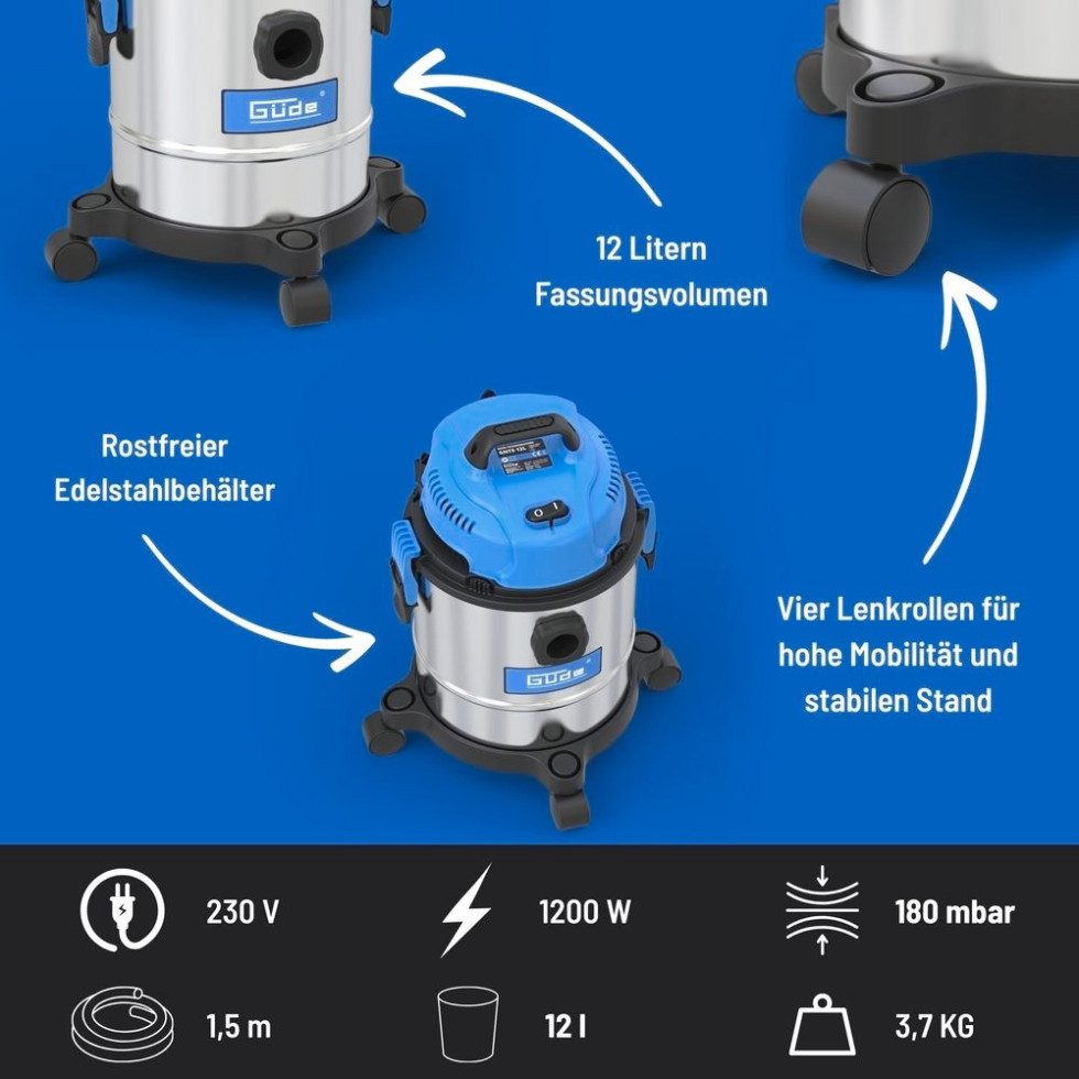 Güde Nass-Trocken-Sauger GNTS 12L, 1200 W, mit Beutel, 1200 W, 180 mbar, 12 L Edelstahlbehälter